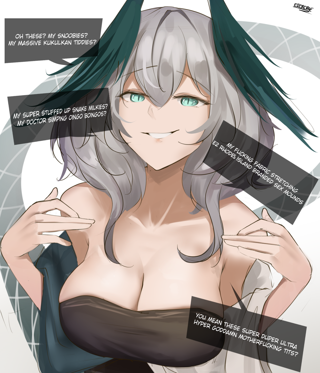 1girls, arknights, big breasts, breasts, cleavage, dress, english text, eroborne, feather hair, female, female only, grey hair, grin, ho'olheyak (arknights), large breasts, light skin, light-skinned female, looking at viewer, meme, seductive look, simple background, smile, smug, solo, text
