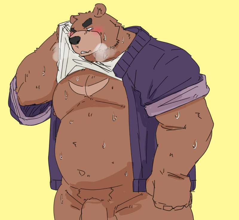 2024 anthro araiguma_11 bear belly blush bodily_fluids clothed clothing clothing_lift genitals juuichi_mikazuki kemono male male_focus mammal moobs morenatsu musclegut overweight overweight_male penis pubes shirt shirt_lift solo sweat topwear