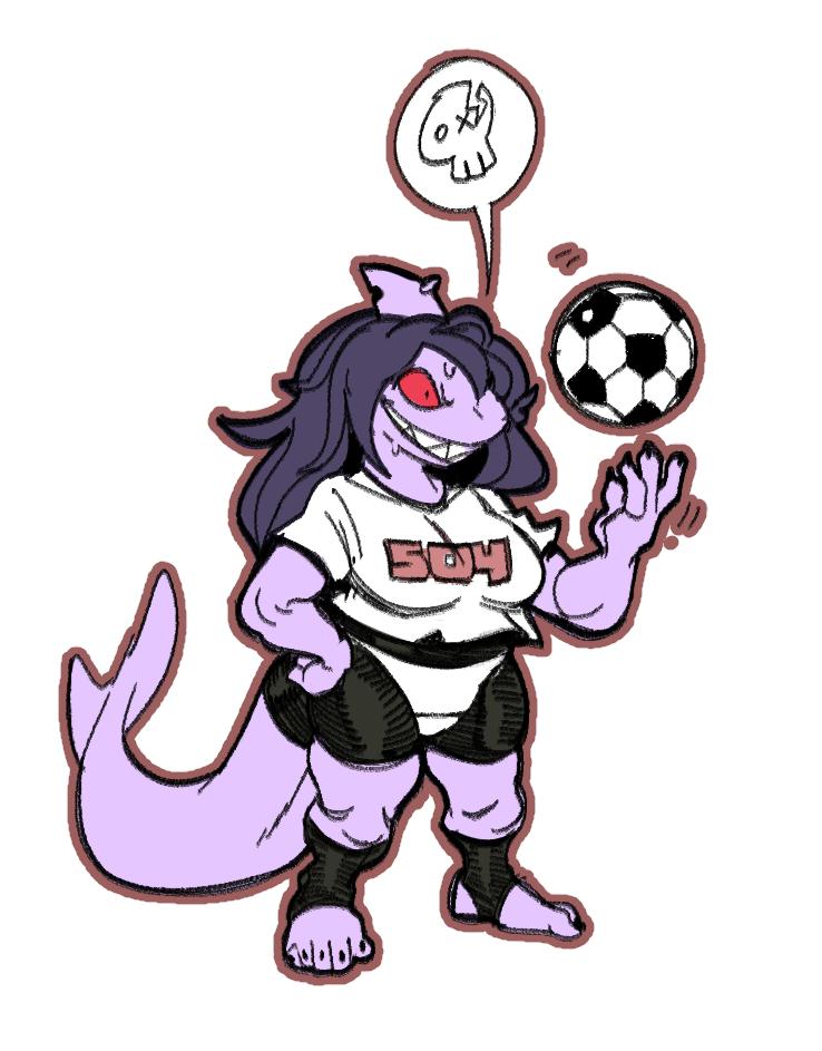 1female jamie_(mangneto) long_hair_female mangneto muscular_female shark_girl shark_tail smiling soccer_ball solo_female sweating