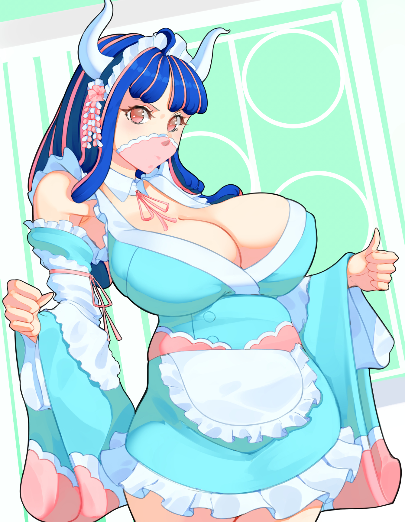 1girls, 47 hard, bare shoulders, big breasts, blue hair, blue-haired female, breasts, clothed, clothing, color, female, female focus, female only, hi res, horns, large breasts, light skin, light-skinned female, long hair, looking at viewer, maid, maid outfit, maid uniform, mask, multicolored hair, nipples visible through clothing, one piece, pink eyes, shounen jump, solo, solo female, tagme, thick thighs, ulti (one piece)