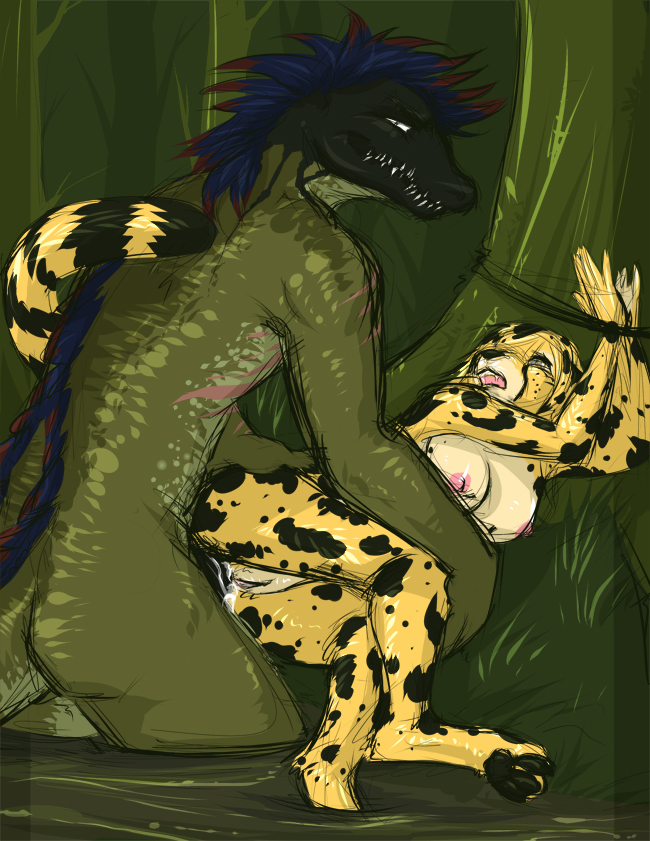 anthro bondage bound breasts cheetah crocodile feline female fur furry hindpaw interspecies male missoro nude paws penetration pussy reptile scalie sex sketch straight swamp vaginal_penetration