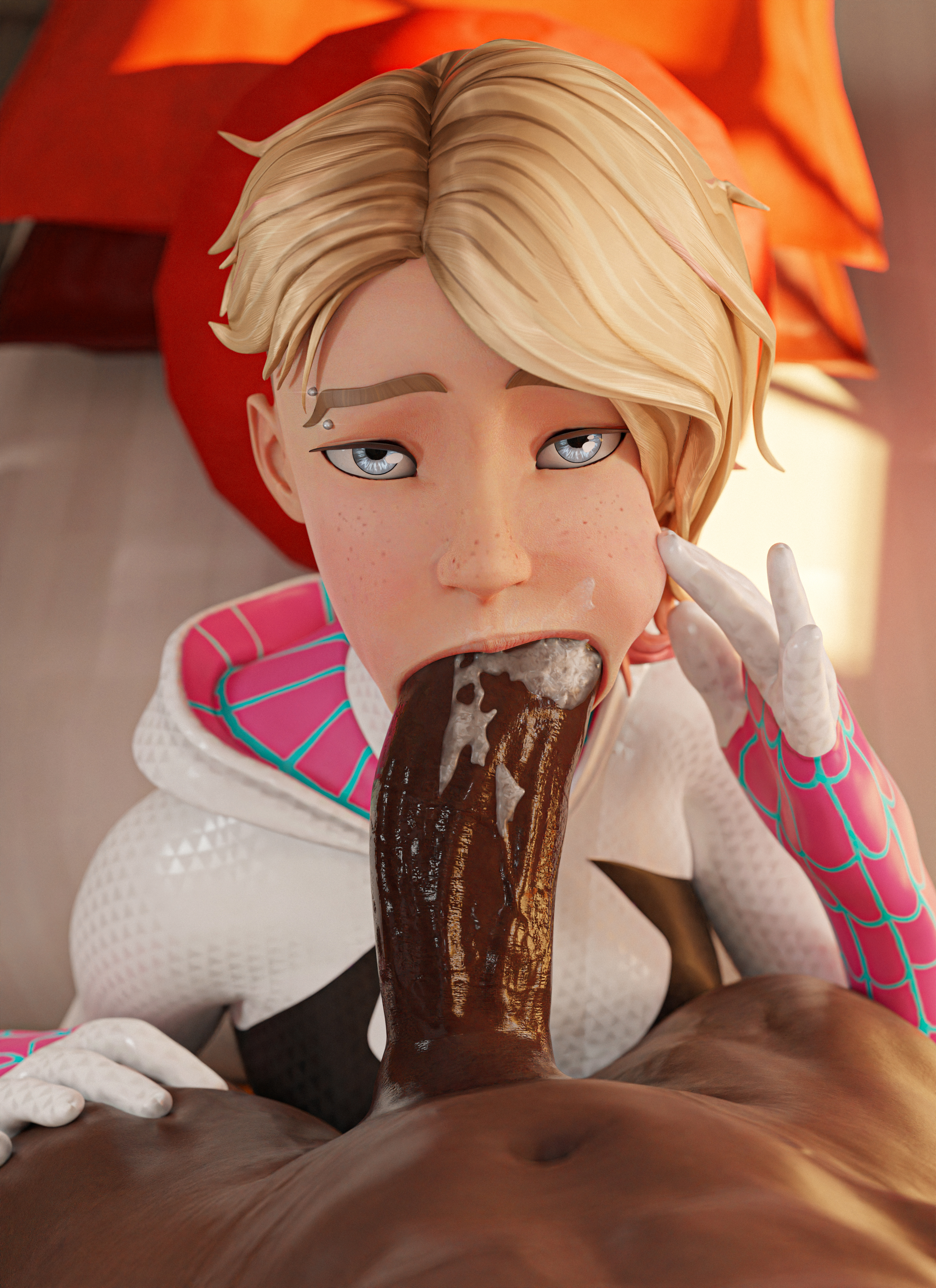 1boy, 1girls, 3d, age difference, athletic, athletic female, blonde hair, blowjob, blowjob face, blue eyes, blush, cock in mouth, cum, cum drip, cum in mouth, cum inside, cumshot, curved to the right penis, dark skin, dark-skinned male, eyebrow piercing, face fucking, fellatio, female, gwen stacy, gwen stacy (spider-verse), hairless penis, human, indoors, interracial, light skin, light-skinned female, looking at partner, male, marvel, marvel comics, miles morales, multicolored hair, muscular, muscular male, naked, naked male, partial male, partially clothed, penis, penis in mouth, petite, petite body, petite female, piercing, pov, pov blowjob, short hair, sitting, size difference, spider-gwen, spider-man (series), spider-man: into the spider-verse, straight, superhero, superhero costume, superheroine, tan skin, tanned male, tanned skin, teenage female, teenager, wtfsths
