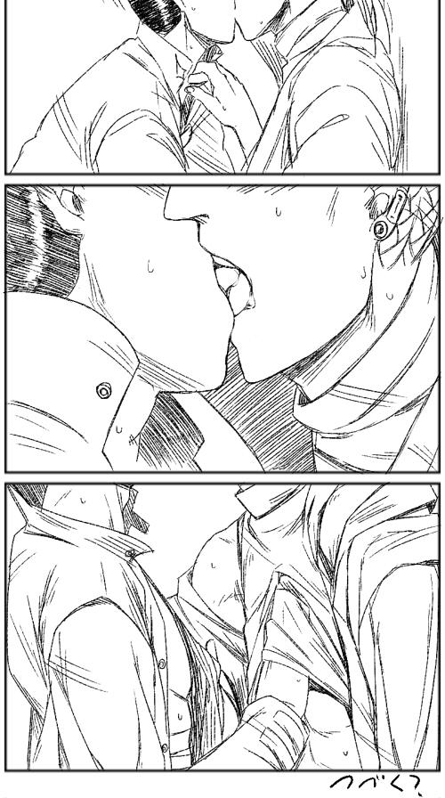 detailed_kiss french_kiss french_kissing gay hand_on_breast hand_under_clothes hand_under_shirt hunter_x_hunter knuckle_bine monochrome removing_clothing saliva shoot_mcmahon sweat yaoi