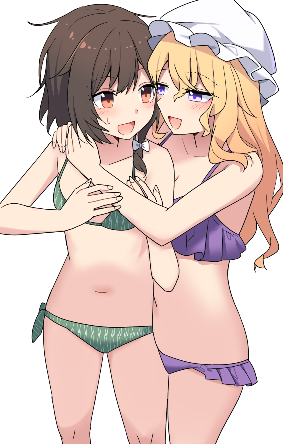 2girls bare_arms bare_legs bare_shoulders bikini blonde_hair blush brown_eyes brown_hair collarbone e.o. fingernails frilled_bikini frills green_bikini hat highres long_hair maribel_hearn mob_cap multiple_girls navel open_mouth purple_bikini renko_usami short_hair simple_background smile swimsuit touhou usami_renko white_background white_headwear yuri