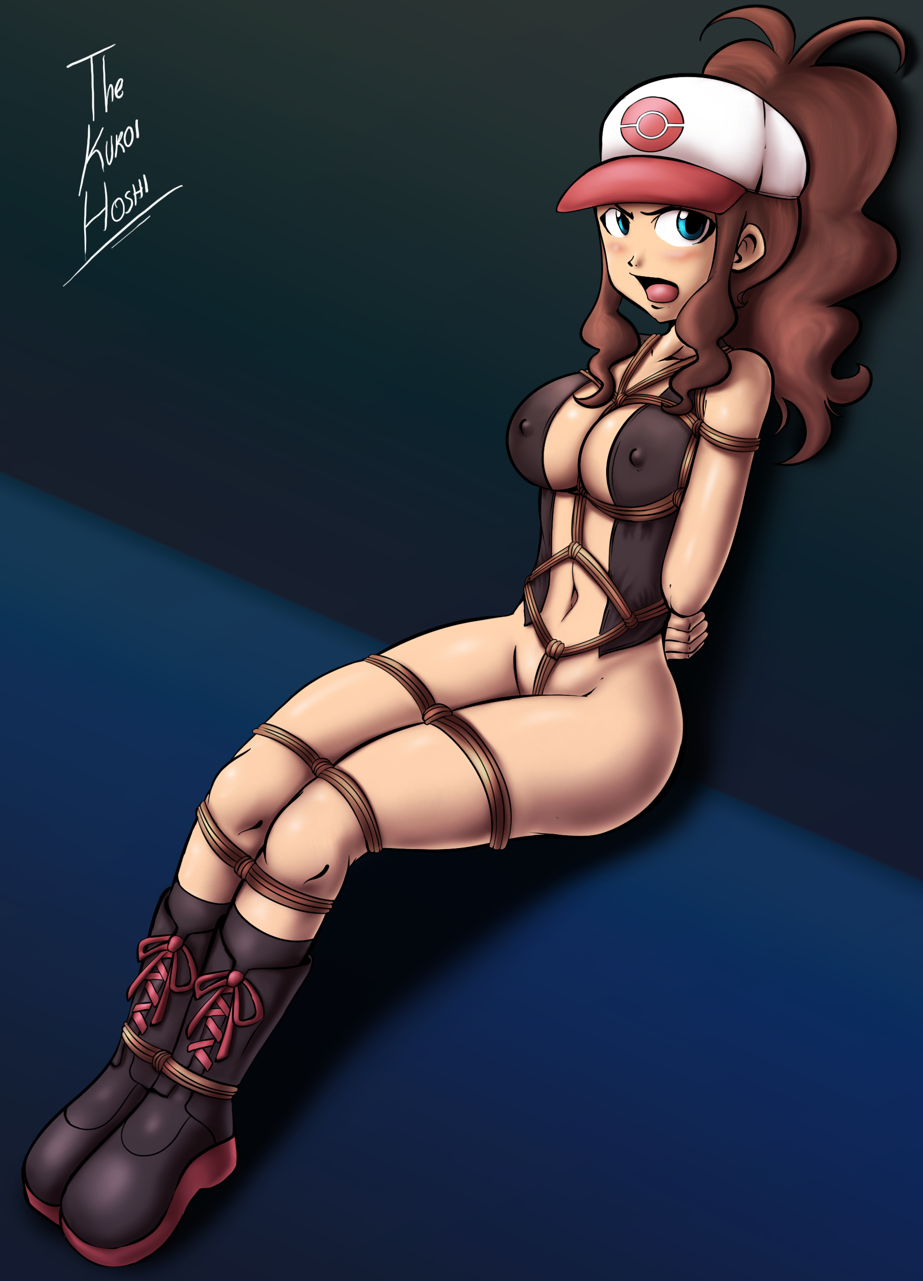 arms behind back, arms tied, blue eyes, blush, bondage, boots, bottomless, breast bondage, breasts, brown hair, cap, crotch rope, dakuroihoshi, erect nipples, female, female only, high resolution, hilda (pokemon), human, kuroihoshi, nintendo, nipples, open mouth, pokemon, pokemon bw, pokies, restrained, rope, simple background, solo, tied