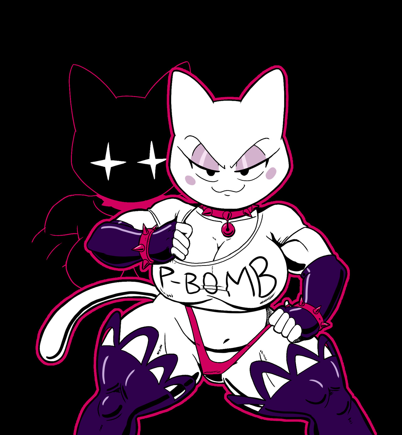 1girls, 2018, 2d (artwork), 45 (mangneto), arm gloves, bell, big breasts, bracers, breasts, collar, doppelganger, feline, female, muscular, muscular female, she (mangneto), shirt, slightly chubby female, stockings, tansau, thick thighs, thong