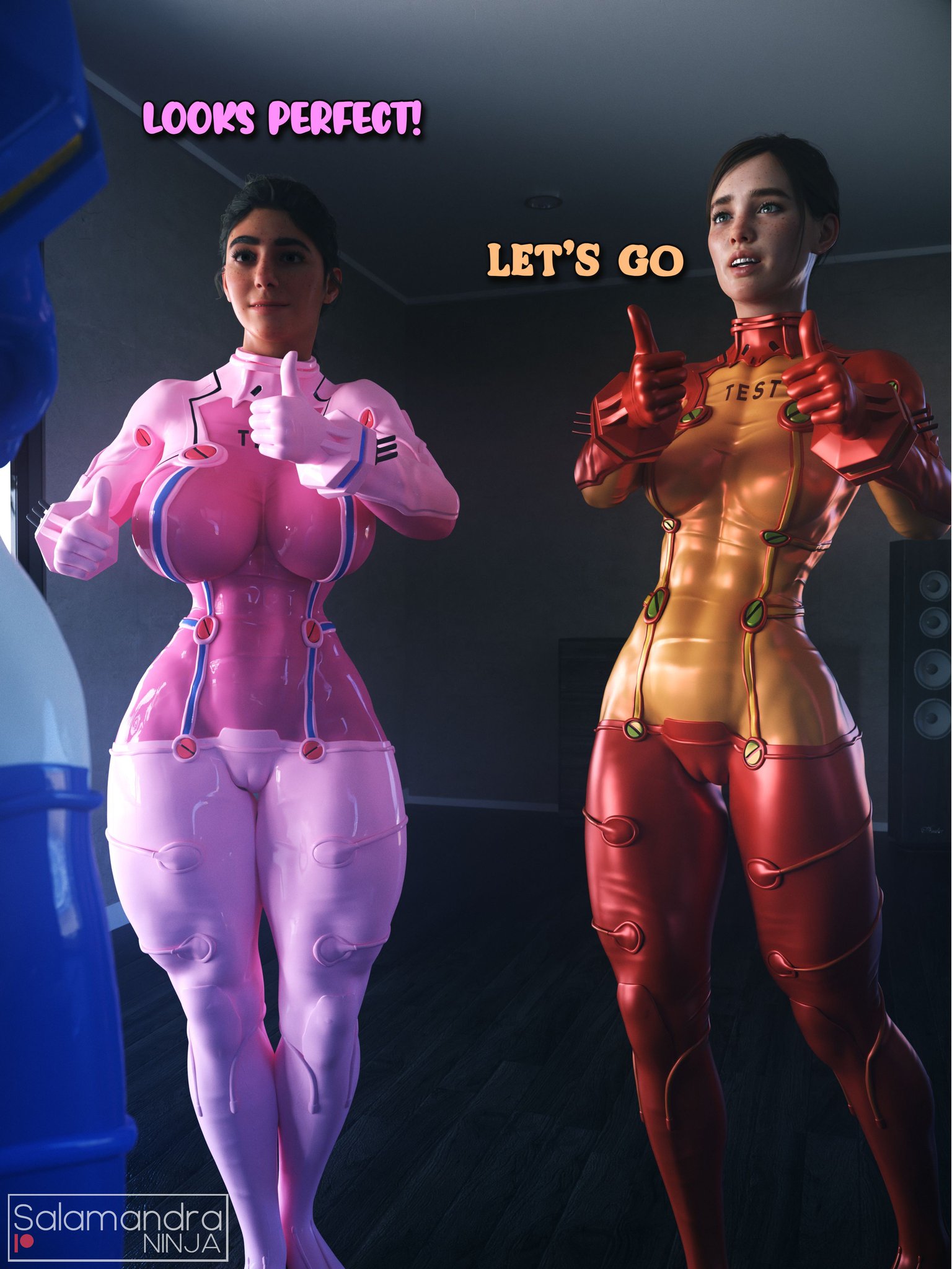 2girls, 3d, abigail anderson, ass, asuka langley sohryu (cosplay), big ass, big breasts, bottom heavy, breasts, brown hair, bust, busty, caucasian, caucasian female, chest, clothing, curvaceous, curvy, curvy figure, cute face, dickgirl/female, digital media (artwork), dina (the last of us), ellie (the last of us), ellie williams, english text, female, female focus, female only, freckles, hips, hourglass figure, huge ass, huge breasts, human, large ass, large breasts, legs, light skin, light-skinned female, mature, mature female, multiple females, multiple girls, naughty dog, neon genesis evangelion, olive skin, pale skin, plugsuit, salamandraninja, slim, slim figure, slim waist, text, the last of us, the last of us 2, thick, thick hips, thick legs, thick thighs, thighs, top heavy, voluptuous, voluptuous female, waist, wide hips
