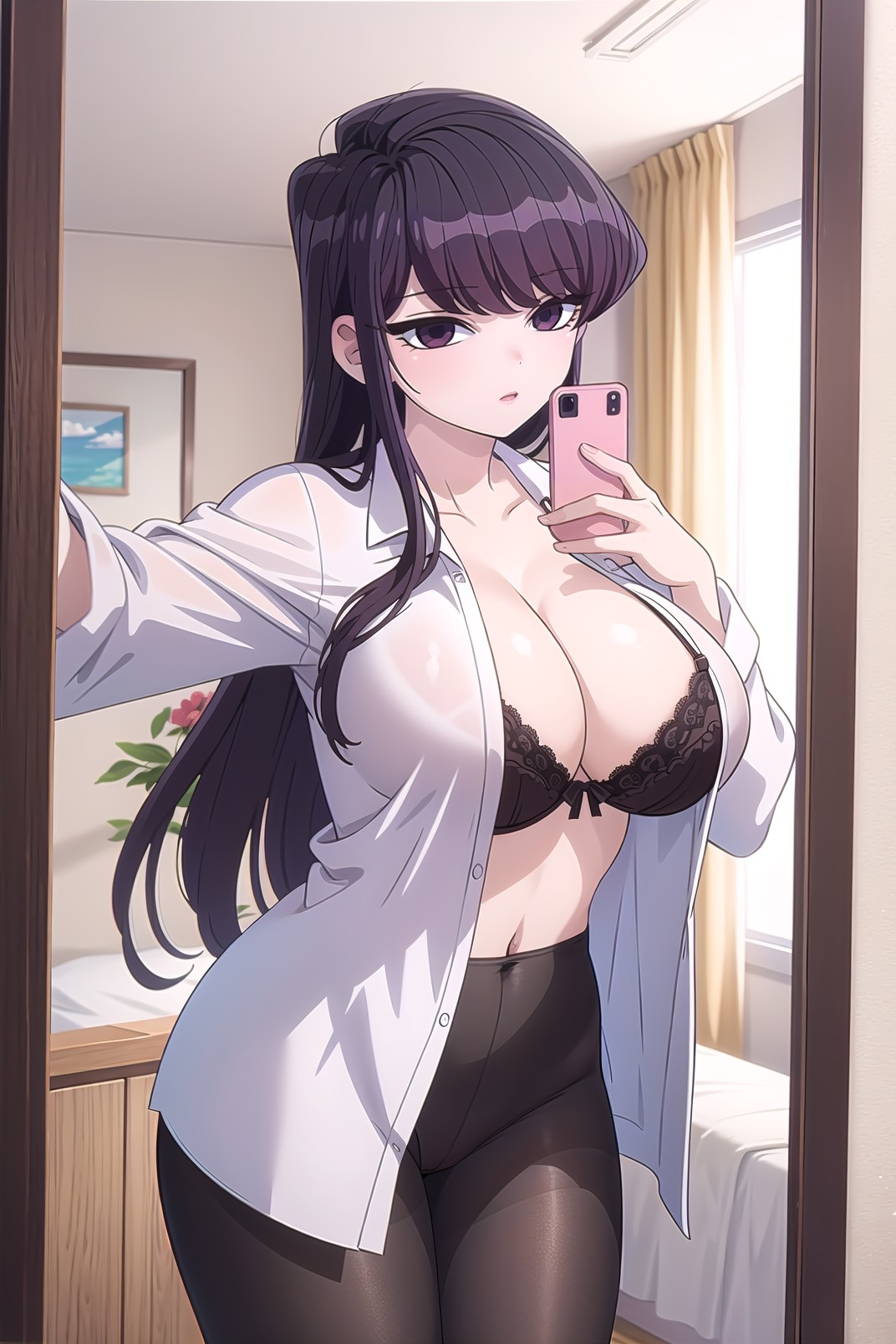 ai generated, ailucius777, big breasts, breasts, cute, female, komi shouko, komi-san wa komyushou desu, light skin, light-skinned female, open shirt, pantyhose, school uniform, selfie