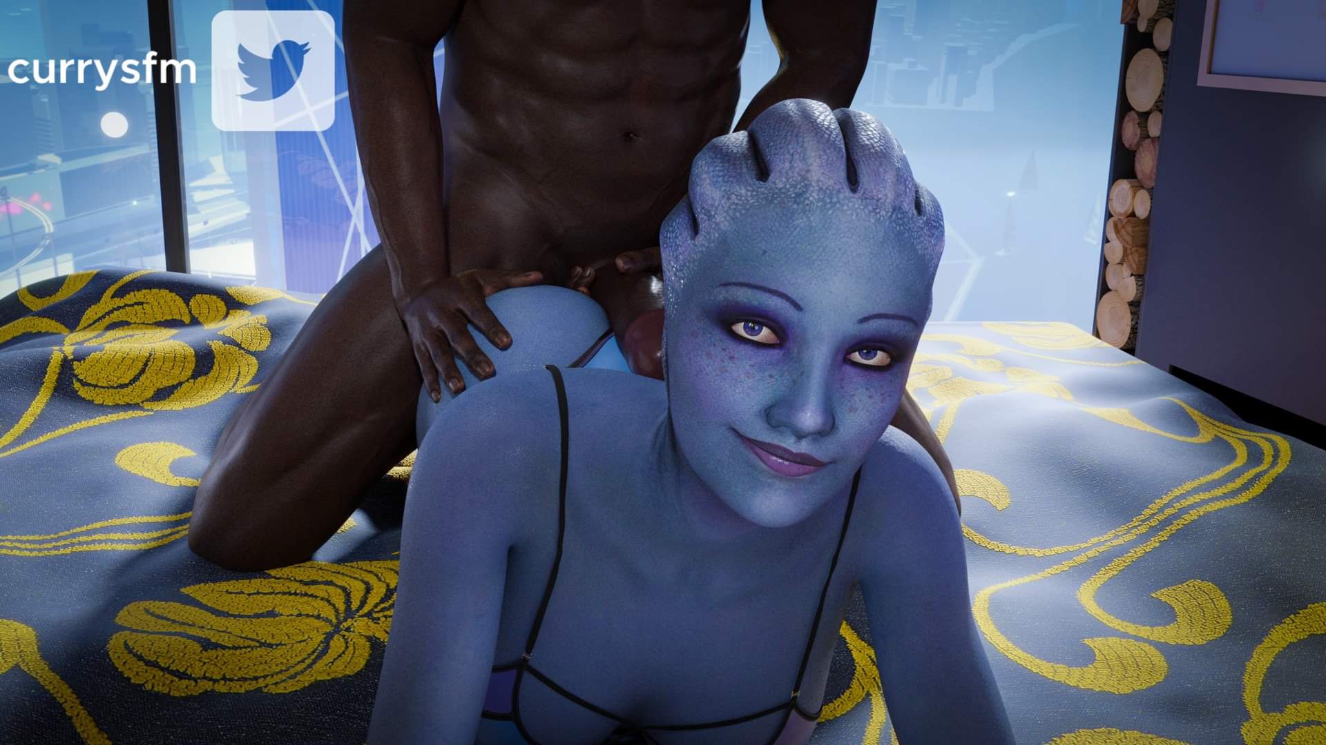 3d, asari, ass, assjob, currysfm, dark skin, dark-skinned male, female, interracial, interspecies, liara t'soni, looking at viewer, male, mass effect, selfie pose, smiling