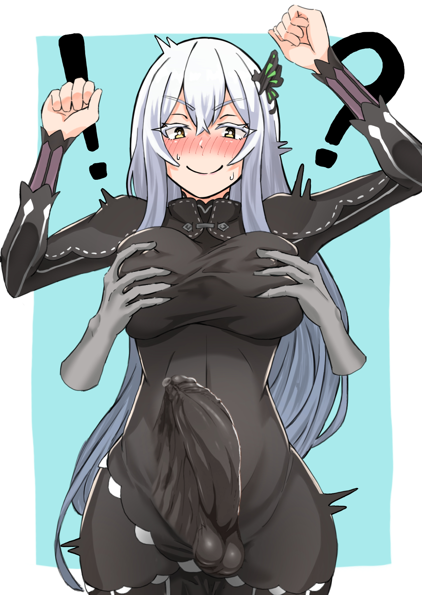 1futa, balls, bodysuit, breasts, bulge, clothed, clothing, echidna (re:zero), edit, erection, erection under clothes, fully clothed, futa only, futanari, huge cock, human, intersex, light skin, light-skinned futa, nofu 122, penis, re:zero kara hajimeru isekai seikatsu, solo, standing, thick thighs, white hair, wide hips