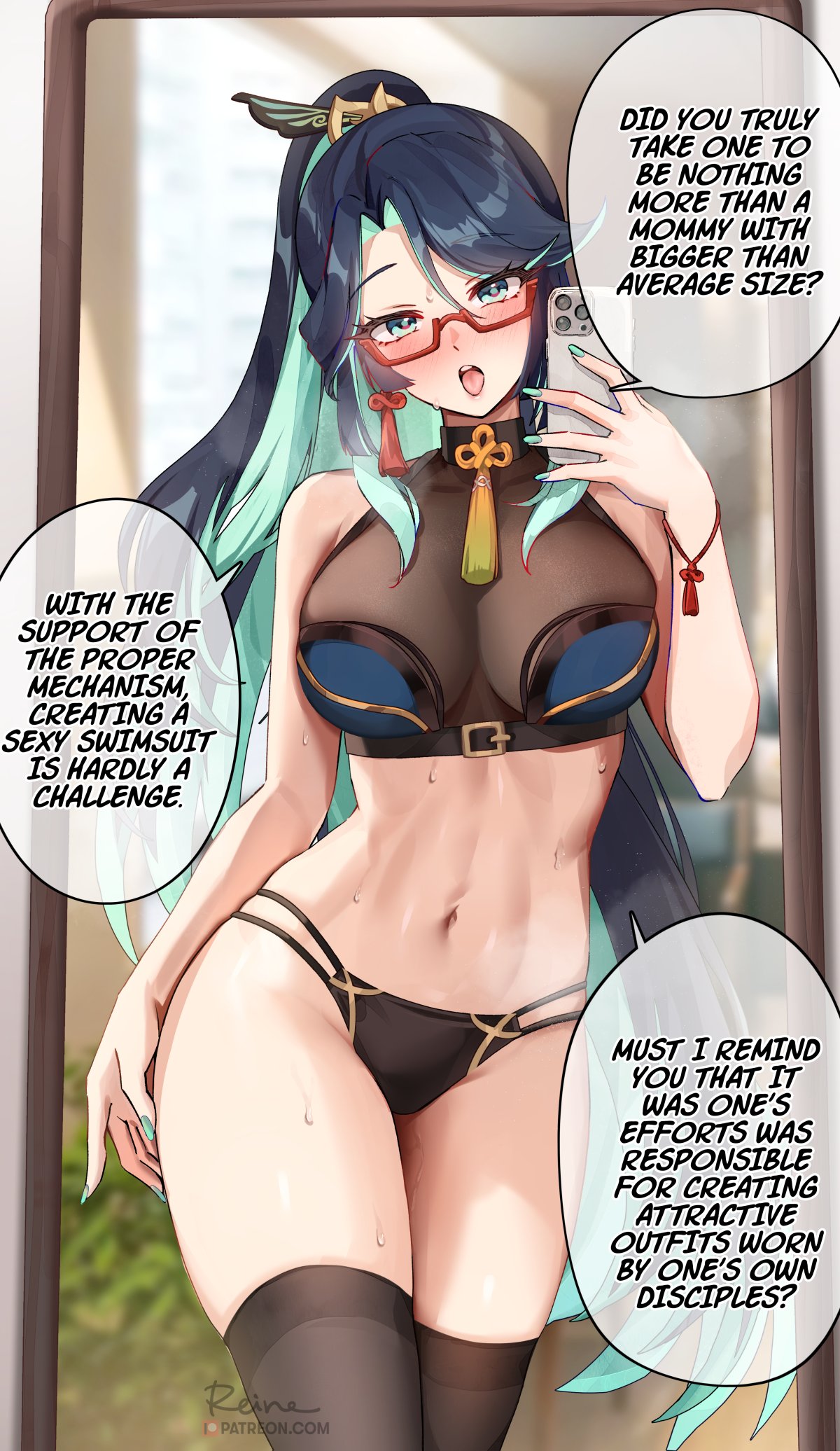 1girls alternate_version_available bikini busty dialogue english_text female female_only foxy_rain_(foxyreine) foxyrain_(foxyreine) foxyreine garter_straps genshin_impact glasses large_breasts mature_female milf mirror_selfie selfie solo swimsuit thighhighs very_long_hair xianyun_(genshin_impact)