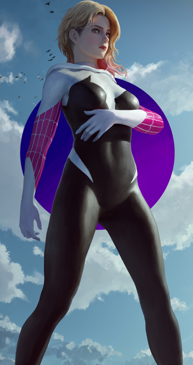 1girls blonde_hair breasts costume d_mi24 eyebrow_piercing female female_only gloves gwen_stacy gwen_stacy_(spider-verse) long_hair marvel pink_hair shaved_side slim slim_waist solo spider-gwen spider-man:_across_the_spider-verse spider-man:_into_the_spider-verse spider-man_(series) tight_clothing tight_fit two_tone_hair