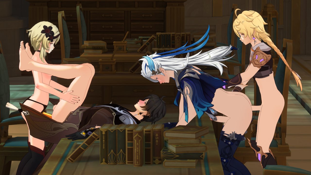 1girl, 1girls, 3boys, 3d, 3d (artwork), aether (genshin impact), anal, bisexual, bisexual male, blonde hair, blush, bottomless, brother and sister, doggy style, female, female penetrating, female penetrating male, female supporting yaoi, genshin impact, highres, light skin, light-skinned female, light-skinned male, lumine (genshin impact), male, male penetrated, male penetrating, male penetrating male, neuvillette (genshin impact), pegging, short hair, side view, straight, straight sex, strap-on, strapon, white hair, yaoi, zhongli (genshin impact)