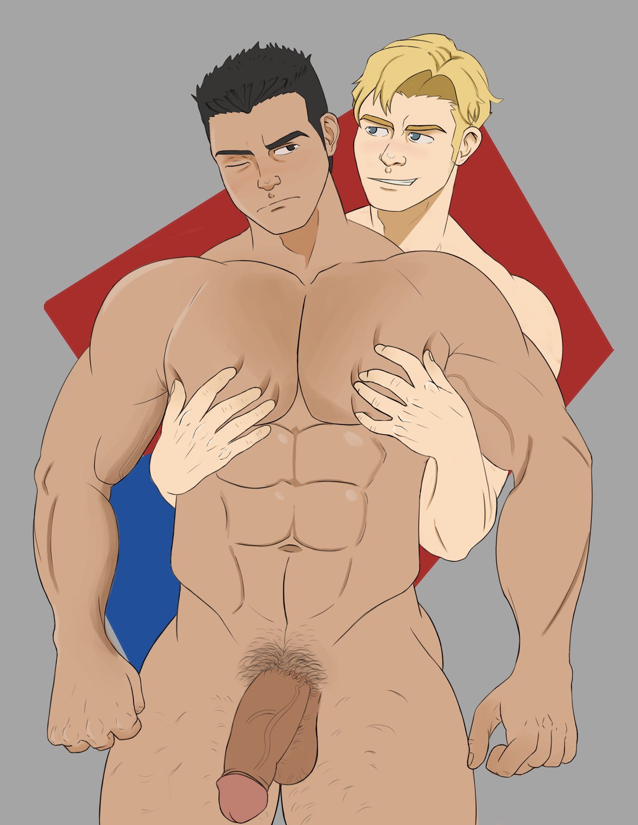 2boys abs alderdraws ao_isami bang_brave_bang_bravern bara big_penis black_hair black_hair_bottom blonde_hair blonde_hair_on_black_hair blonde_hair_top blue_eyes domination gay grabbing_from_behind grabbing_pecs interracial large_pectorals lewis_smith light_hair_on_dark_hair male male/male male_only muscular muscular_male navel one_eye_closed pecs pectorals pubic_hair smile thick_eyebrows thick_thighs touching_pecs veiny_penis yaoi yuuki_bakuhatsu_bang_bravern