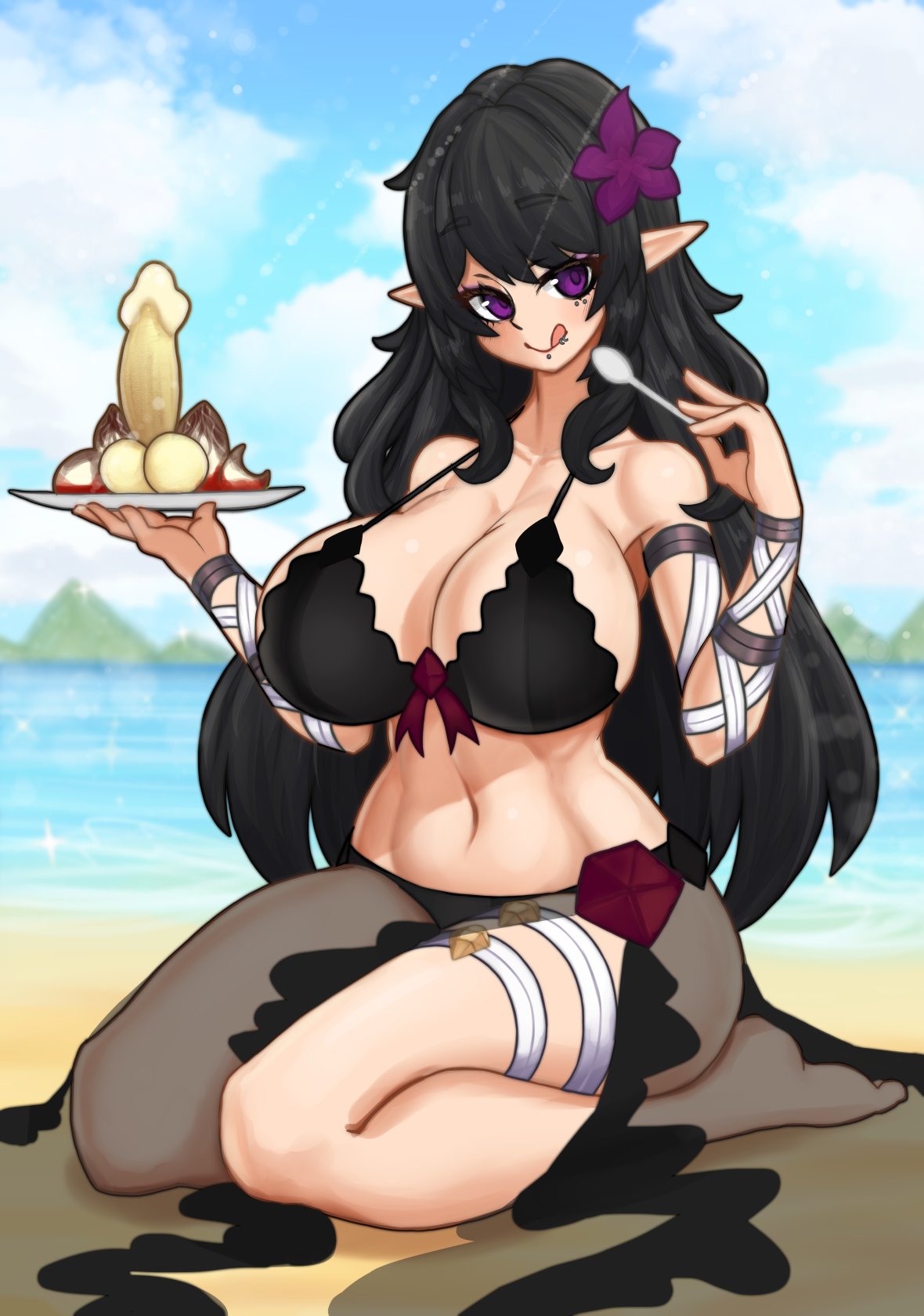 1girls beach big_breasts black_hair breasts elara_(vtuber) elf elf_ears elf_female female_focus female_only flower flower_in_hair full_body goth goth_girl huge_breasts indie_virtual_youtuber long_hair purple_eyes spoon tongue virtual_youtuber vtuber