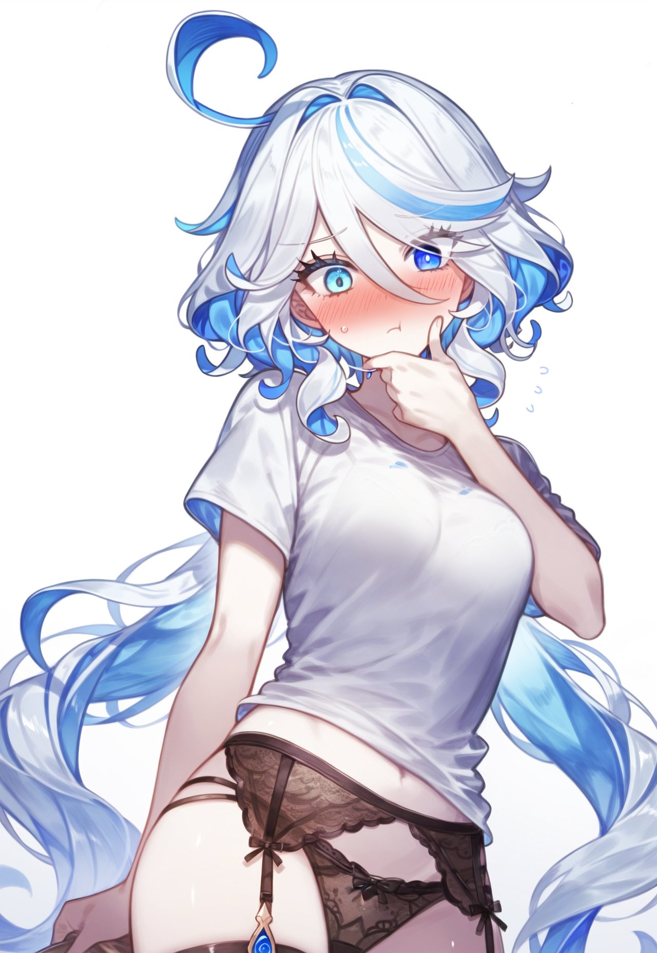 ai_generated belly_button blue_eyes blue_hair blush embarrassed embarrassed_female furina_(genshin_impact) genshin_impact hoyoverse long_hair looking_at_viewer panties petite petite_body petite_female setsuaiart setsumanga shirt short_shirt slim_waist stockings teenager thighhighs two_tone_hair white_hair