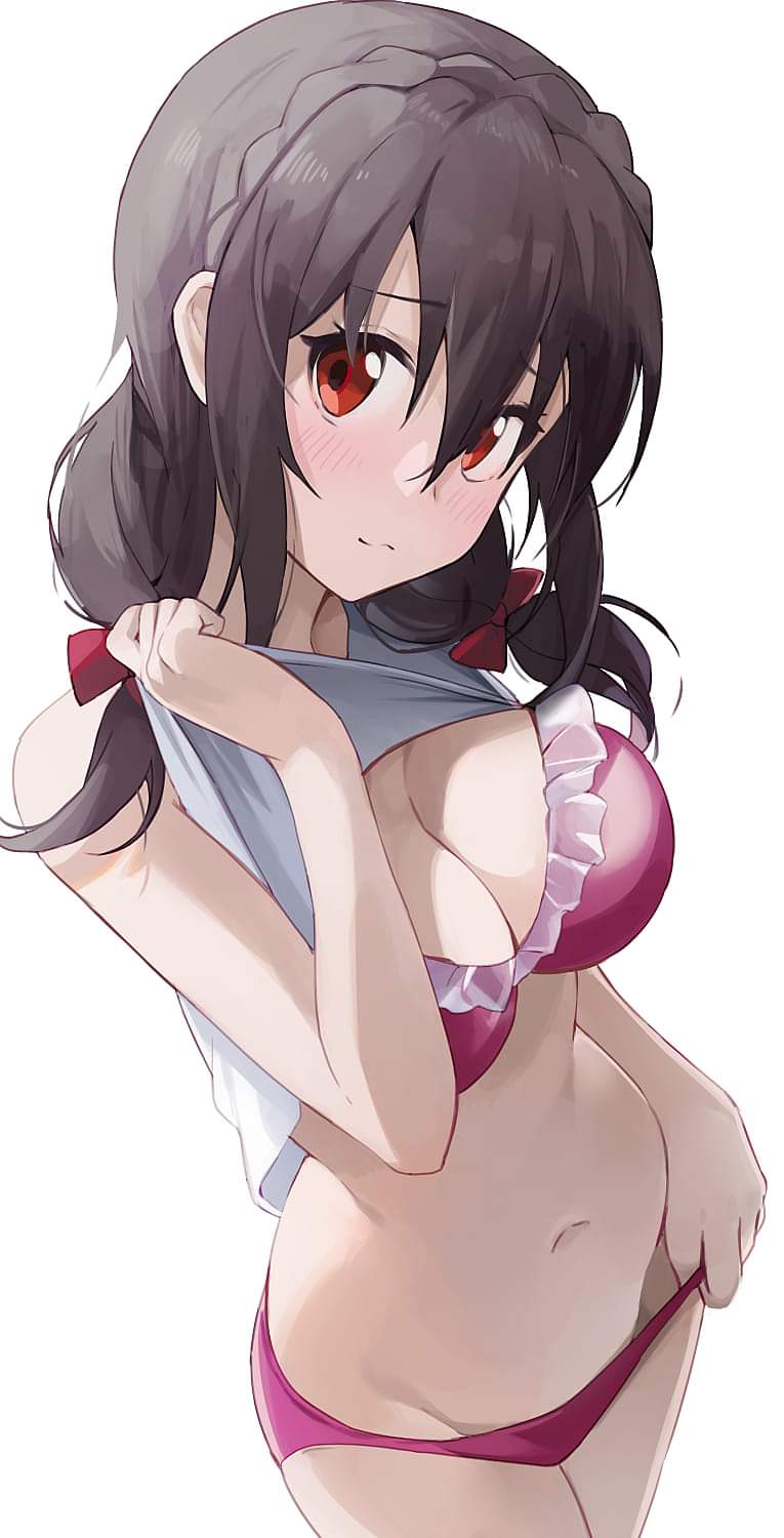 1girls, brown hair, female, female only, kono subarashii sekai ni shukufuku wo!, lingerie, red eyes, solo, yunyun (konosuba)