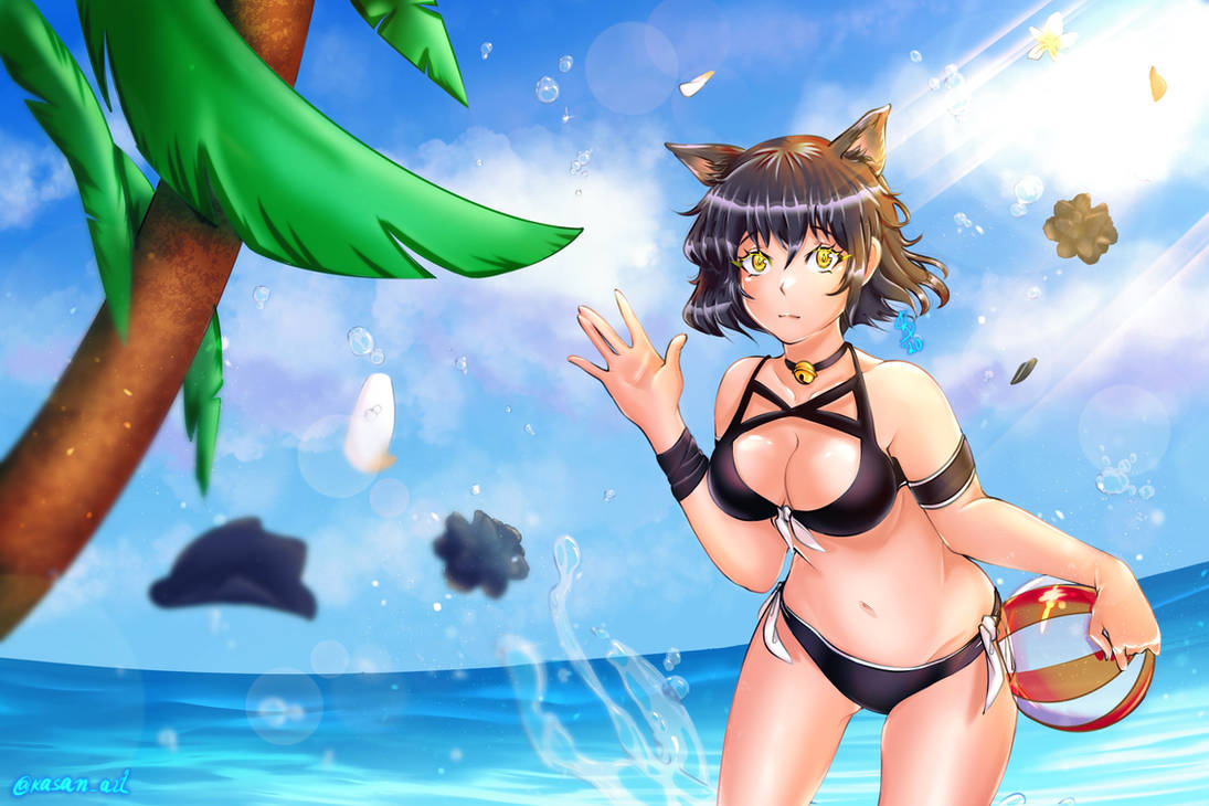 1girls beach black_hair blake_belladonna kasanart rwby short_hair swimsuit