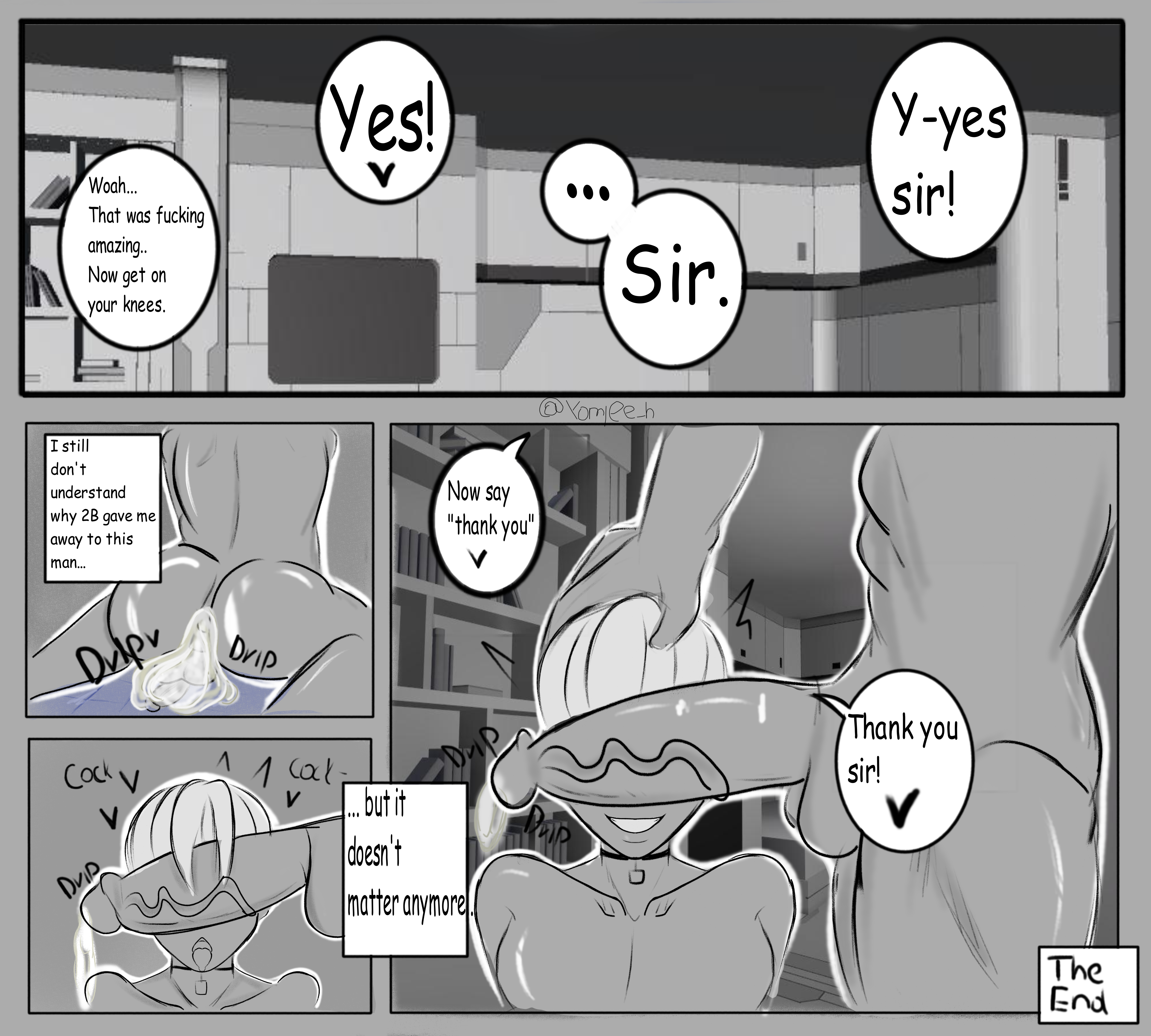 after sex, android, ass, big penis, blindfold, bubble ass, bubble butt, cant see the haters, doujinshi, femboy, gay, huge ass, male, nier: automata, penis, penis covering eyes, penis over eyes, speech bubble, white hair, yaoi, yomiee, yorha 9s