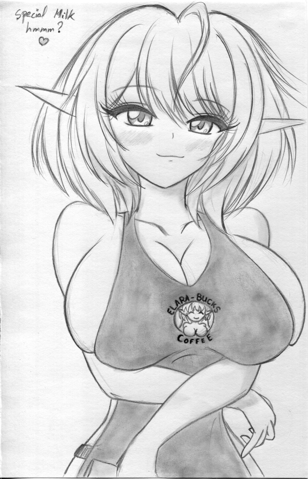 1girls apron barista big_breasts blush breasts cleavage dialogue elara_(vtuber) elf elf_ears elf_female elf_girl employee employee_uniform female female_only half_updo heart huge_breasts indie_virtual_youtuber large_breasts looking_at_viewer naked_apron short_hair smile smiling solo starbucks traditional_art traditional_media traditional_media_(artwork) virtual_youtuber vtuberfanart