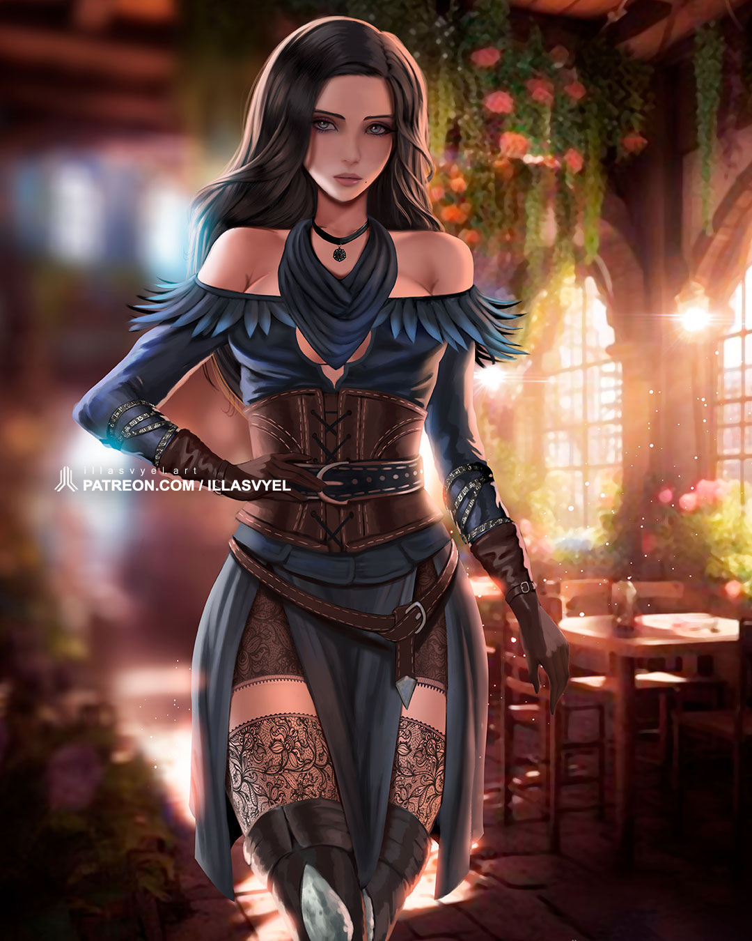 black_hair clothing female illasvyel lingerie solo the_witcher_(series) the_witcher_3:_wild_hunt yennefer