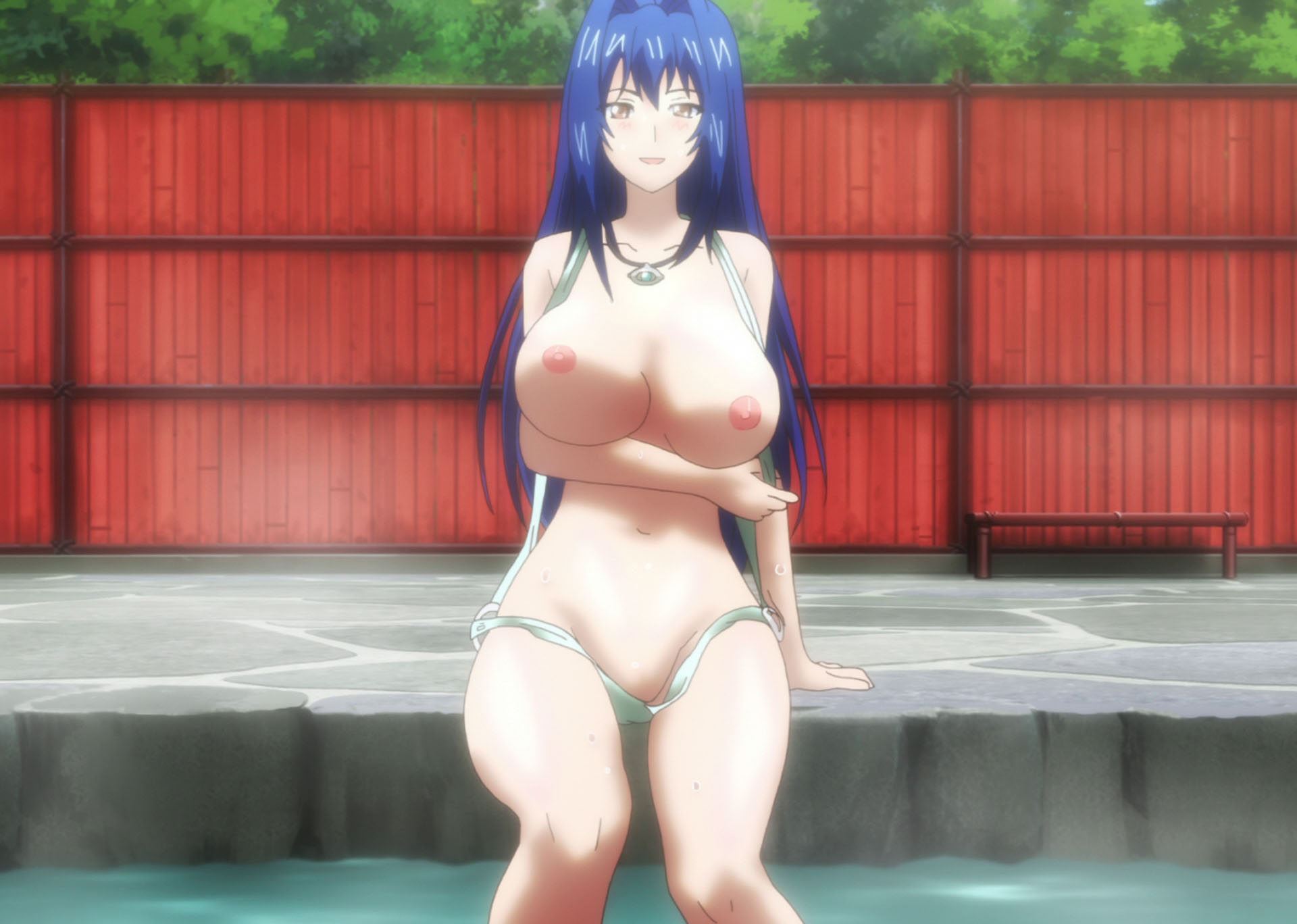 bikini, blue hair, blush, breasts, female, highres, huge breasts, long hair, maken-ki!, mature female, nijou aki, onsen, screencap, screenshot, sling bikini, sling bikini aside, swimsuit, wet