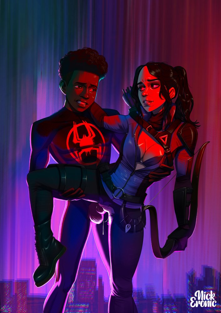 2d adult_and_teenager age_difference big_breasts big_penis clothed_sex color crossover crossover_pairing cum cum_in_pussy dark-skinned_male dark_skin illustration kate_bishop leg_lift light-skinned_female light_skin lustful_gaze male/female marvel marvel_comics miles_morales nickeronic ponytail spider-man:_across_the_spider-verse spider-man:_into_the_spider-verse spider-man_(miles_morales) spider-man_(series) standing_sex straight superhero superhero_costume superheroine vaginal_penetration