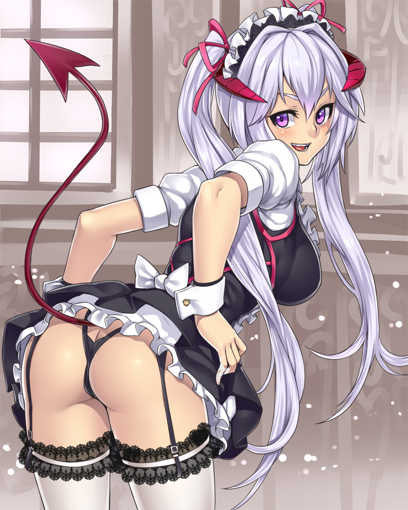 ass, ass crack, beige skin, bent over, breasts, butt crack, clothes, color, demon, demon girl, demon horns, demon tail, devil girl, female, female only, garter straps, hair, horns, houtengeki, indoors, large breasts, lavender hair, leaning forward, long hair, looking back, maid, maid headdress, open eyes, open mouth, original, panties, purple eyes, raised tail, smile, solo, spade tail, tail, thighhighs, thong, tied hair, twintails, underwear, white legwear, wrist cuffs