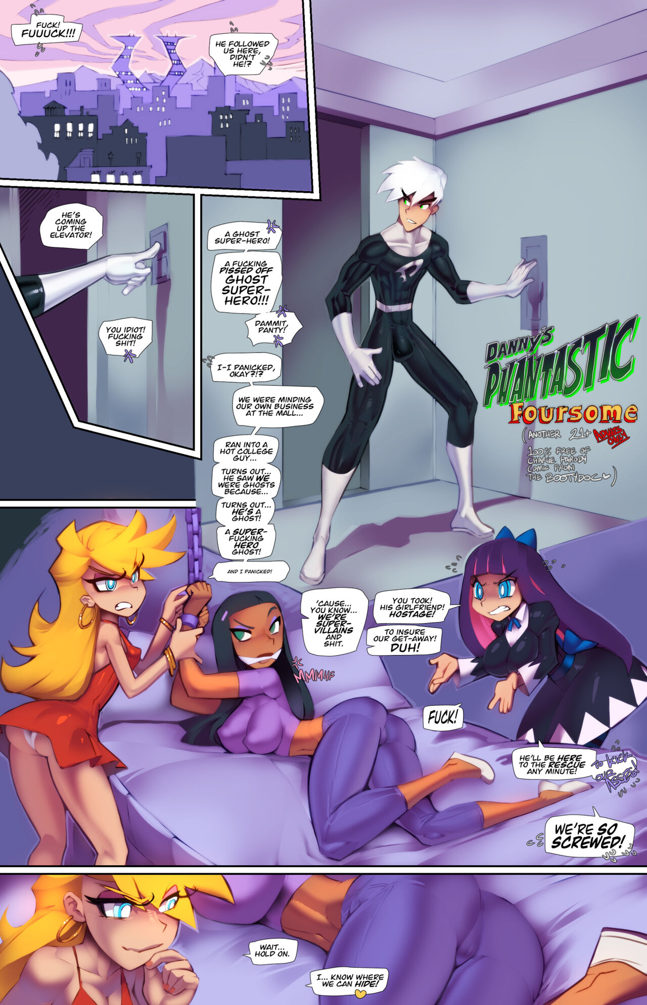 1boy, 3girls, abs, ass, ass focus, back, back view, bare arms, bare legs, bare shoulders, bare thighs, bed, big ass, big butt, black hair, blonde hair, blue eyes, bulge, chains, color, comic, comic panel, crossover, danny fenton, danny phantom, eastern and western character, english text, female, fred perry, ghost, ghost girl, green eyes, hi res, jewelry, laying on back, laying on bed, light skin, light-skinned female, light-skinned male, long hair, male, multiple females, multiple girls, muscles, muscular, muscular male, nickelodeon, nipples visible through clothing, on bed, page 1, panties, panty & stocking with garterbelt, panty anarchy, paulina sanchez, purple hair, pussy, pussy visible through clothes, short hair, stocking anarchy, tagme, text, text bubble, thick thighs, underwear, upskirt, white hair