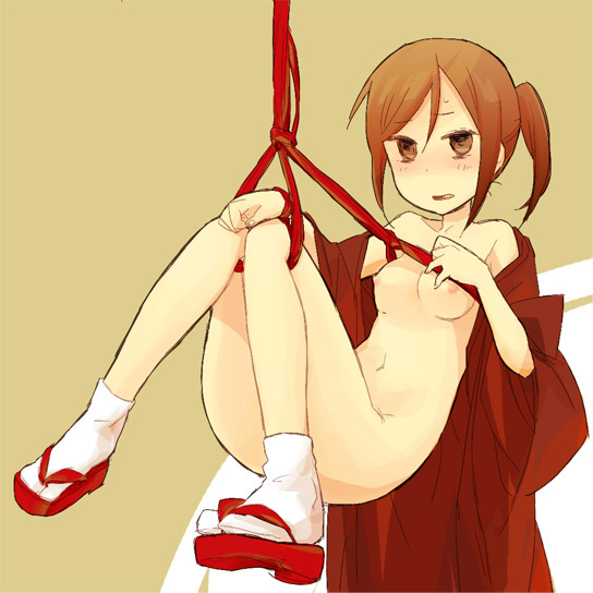 bare_shoulders blush bondage breasts brown_eyes brown_hair cape clothing etrian_odyssey female hoshigaki_(kyuukp) japanese_clothes kyuukin midriff naked_cape navel nude open_clothes open_mouth ponytail rope sandals sekaiju_no_meikyuu sekaiju_no_meikyuu_3 shogun_(sekaiju) short_hair sitting small_breasts socks suspension swept_bangs tied_hair white_legwear zouri