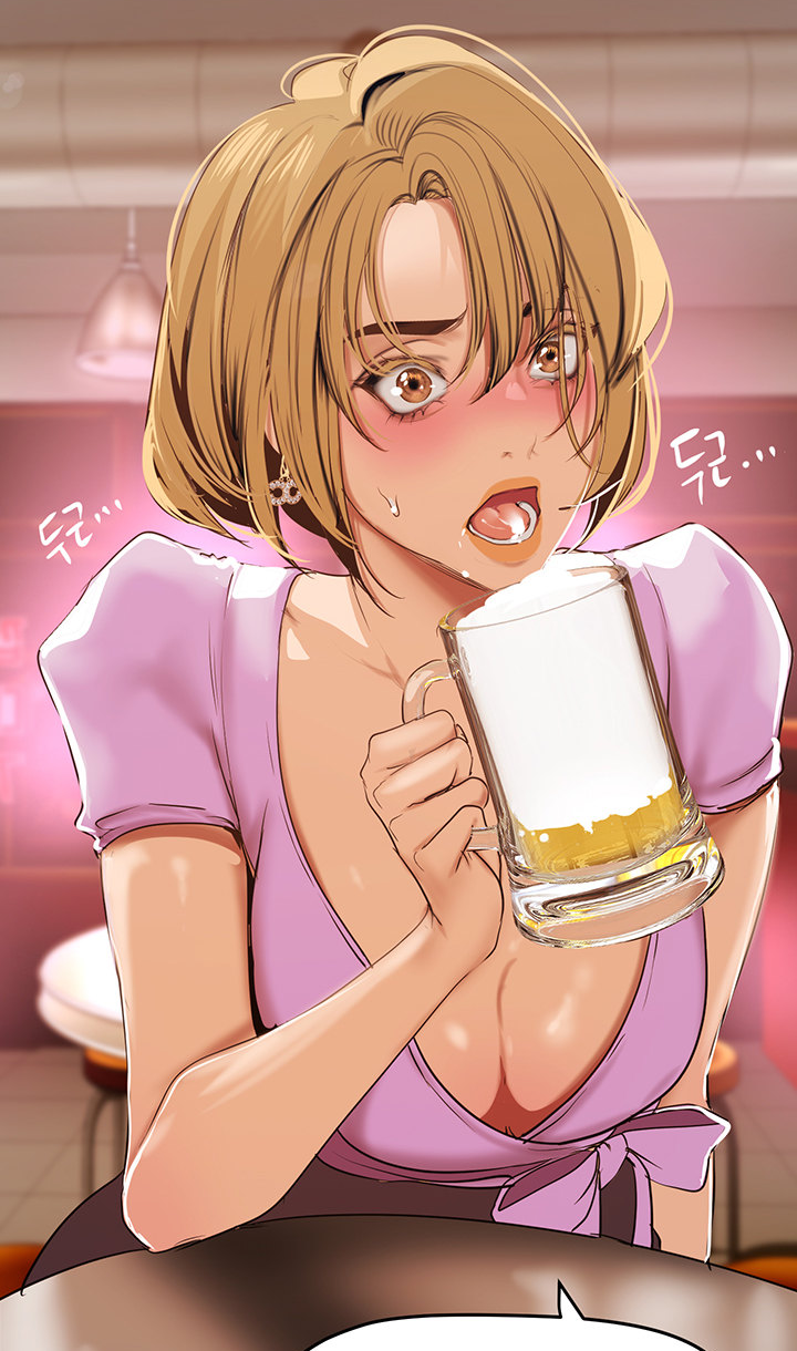 1girls beer beer_mug brave_new_world brown_eyes brown_hair cleavage drinking earrings light_brown_hair medium_breasts na_so-ri short_hair yoongonji