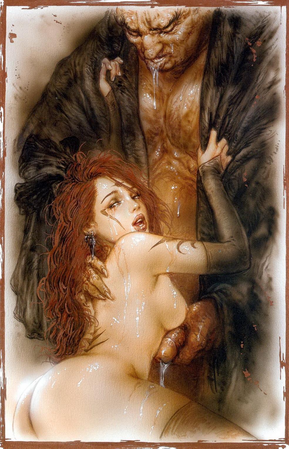 after_sex anus ass breasts cum cum_on_ass cum_on_breasts cum_on_face fellatio hair luis_royo monster nude oral red_hair