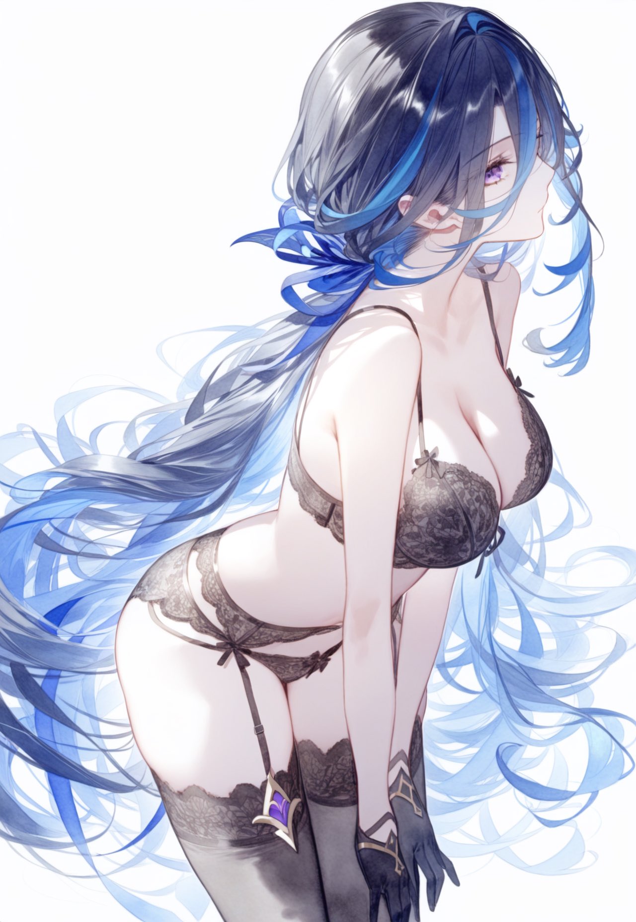 ai generated, ass, big ass, big breasts, black hair, black stockings, blue hair, bra, breasts, clorinde (genshin impact), female, garter belt, garter straps, genshin impact, gloves, hoyoverse, leaning forward, lingerie, lingerie only, long hair, panties, purple eyes, setsuaiart, side view, slim waist, stockings, teenager, thick thighs, thighhighs, two-tone hair, underwear, wide hips