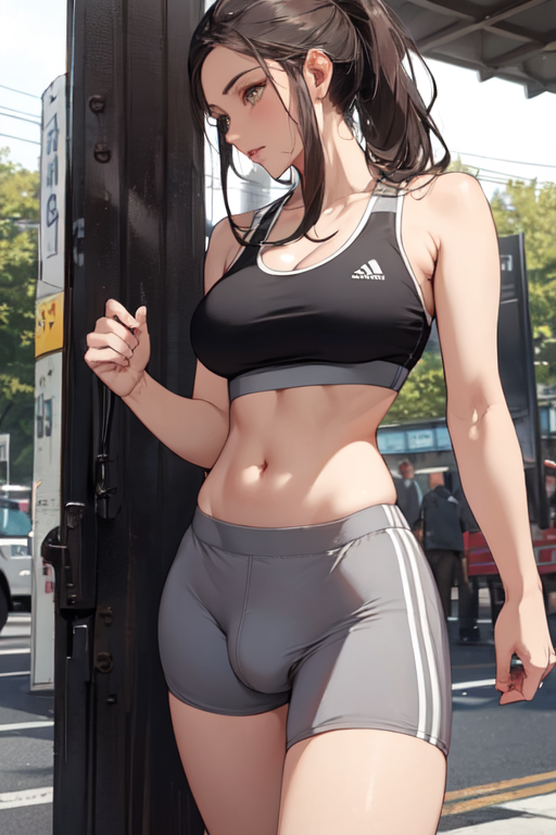 ai_generated bare_midriff black_clothing bridge brown_hair brunette brunette_futa bulge bulge_through_clothing dark_hair dark_haired_futa futa_only futanari gray_clothing medium_breasted_futa medium_breasts navel original original_character outdoors partially_clothed pillar pixai solo solo_futa sports_bra sportswear tied_hair tight_clothing