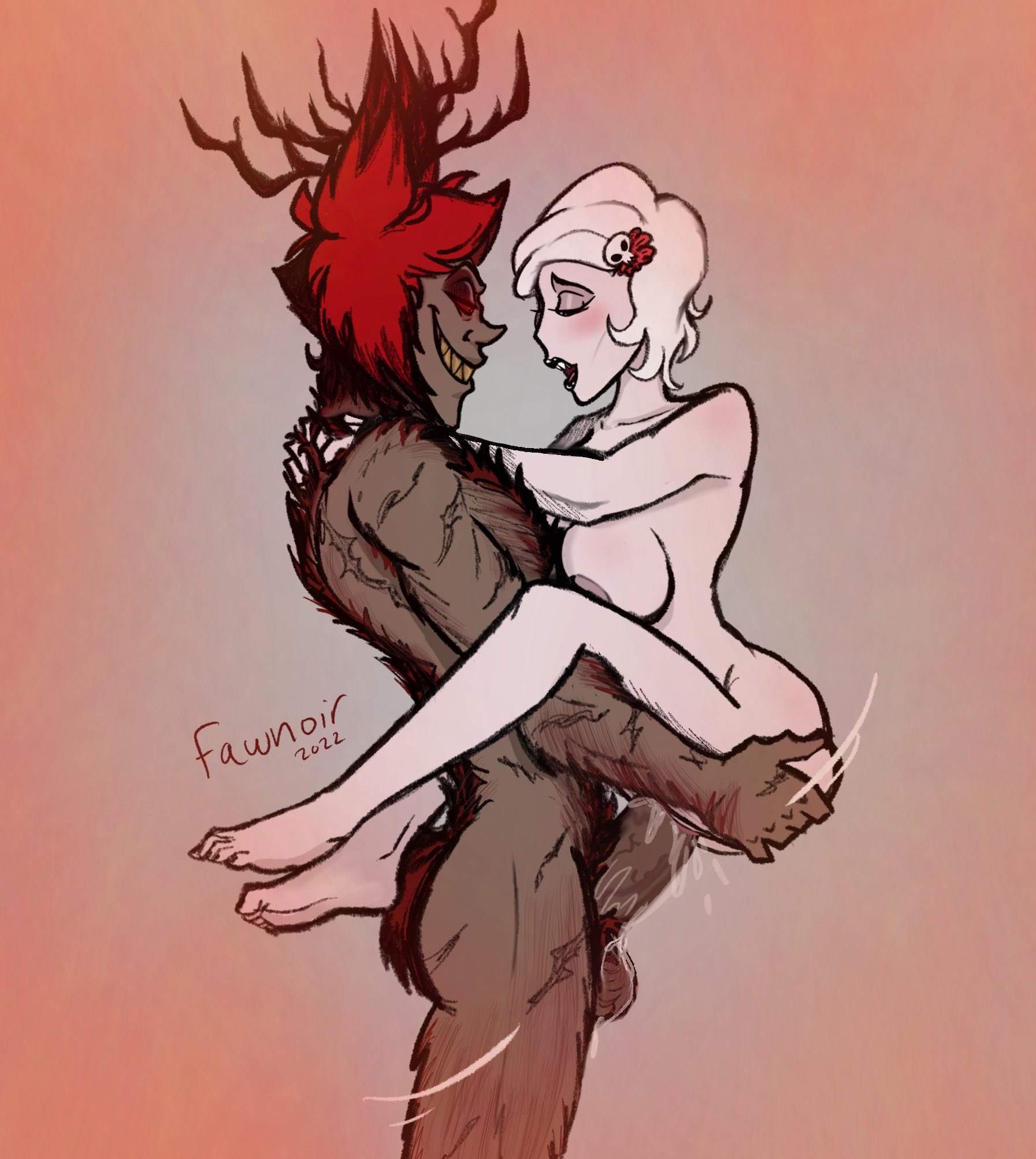 2demons, alastor (hazbin hotel), balls, blush, breasts, cum, cum inside, demon, duo, fangs, fawnoir, female, female penetrated, genitals, grey body, hair, hairy, hairy male, hazbin hotel, humanoid, male, male penetrating, male penetrating female, male/female, nipples, penis, pleasure face, pussy, pussy juice, red eyes, red hair, rosie (hazbin hotel), saliva, scar, scars, smooth skin, straight, teeth, white hair