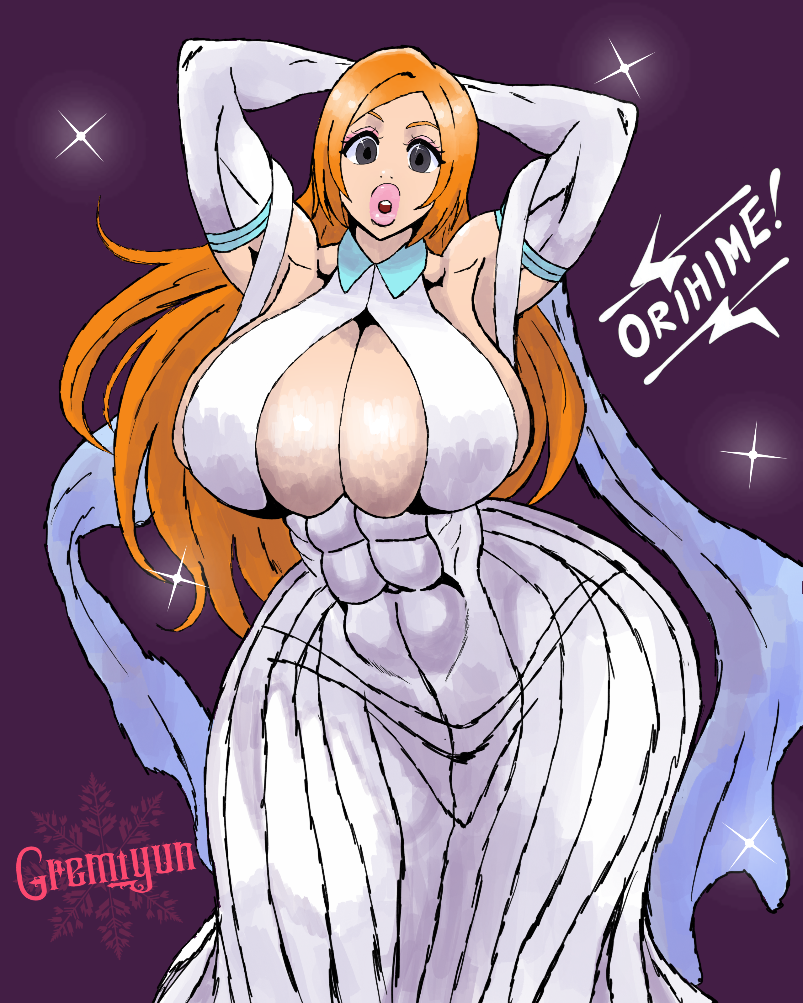 1girls, abs, arm sleeves, arms behind head, big breasts, big lips, bimbo, bimbo lips, bimbofication, bleach, breasts, busty, cleavage, collar, collared shirt, curvaceous, curvy, doodle, dress, female, female only, gremiyun, grey eyes, huge breasts, inoue orihime, lipstick, makeup, milf, muscles, muscular, muscular female, oppai, orange eyes, procreate (software), robes, skintight, skintight bodysuit, skintight clothing, solo, stars