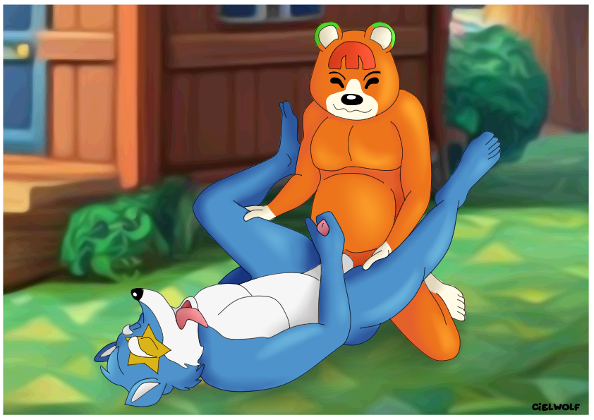 animal_crossing anthro anthro_on_anthro anthro_penetrated anthro_penetrating balls bear blue_body blue_fur blue_hair canid canine canis ciel-wolf fur genitals hair male male/male mammal nintendo nipples orange_body orange_fur orange_hair outside outside_sex penetration penis pudge_(animal_crossing) sex slightly_chubby solo tongue tongue_out white_body white_fur white_hair wolf