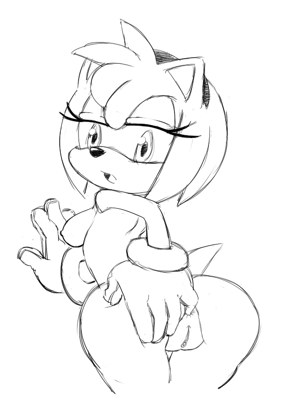 amy_rose ass breasts female gloves hedgehog looking_back mammal monochrome nude pussy ravnic sega sideboob sketch solo sonic_(series) sonic_the_hedgehog_(series)