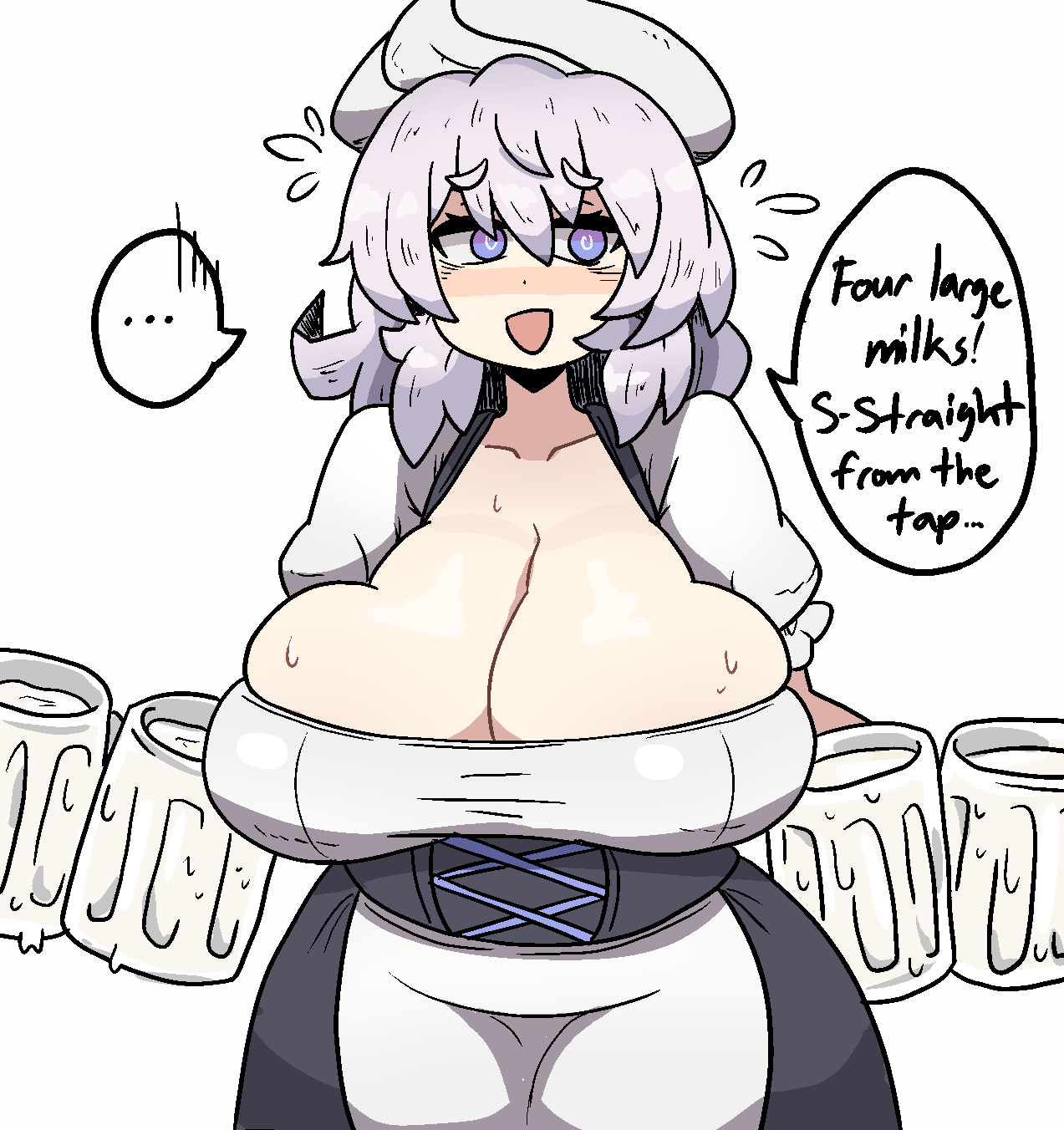 ... 1girls beer_mug big_breasts breasts cleavage clothed_female doodle english_text hat lavender_hair letty_whiterock light-skinned_female mature_female milk mug notnoe_(dxcl) open_mouth purple_eyes request solo solo_female sweat text text_bubble touhou white_background