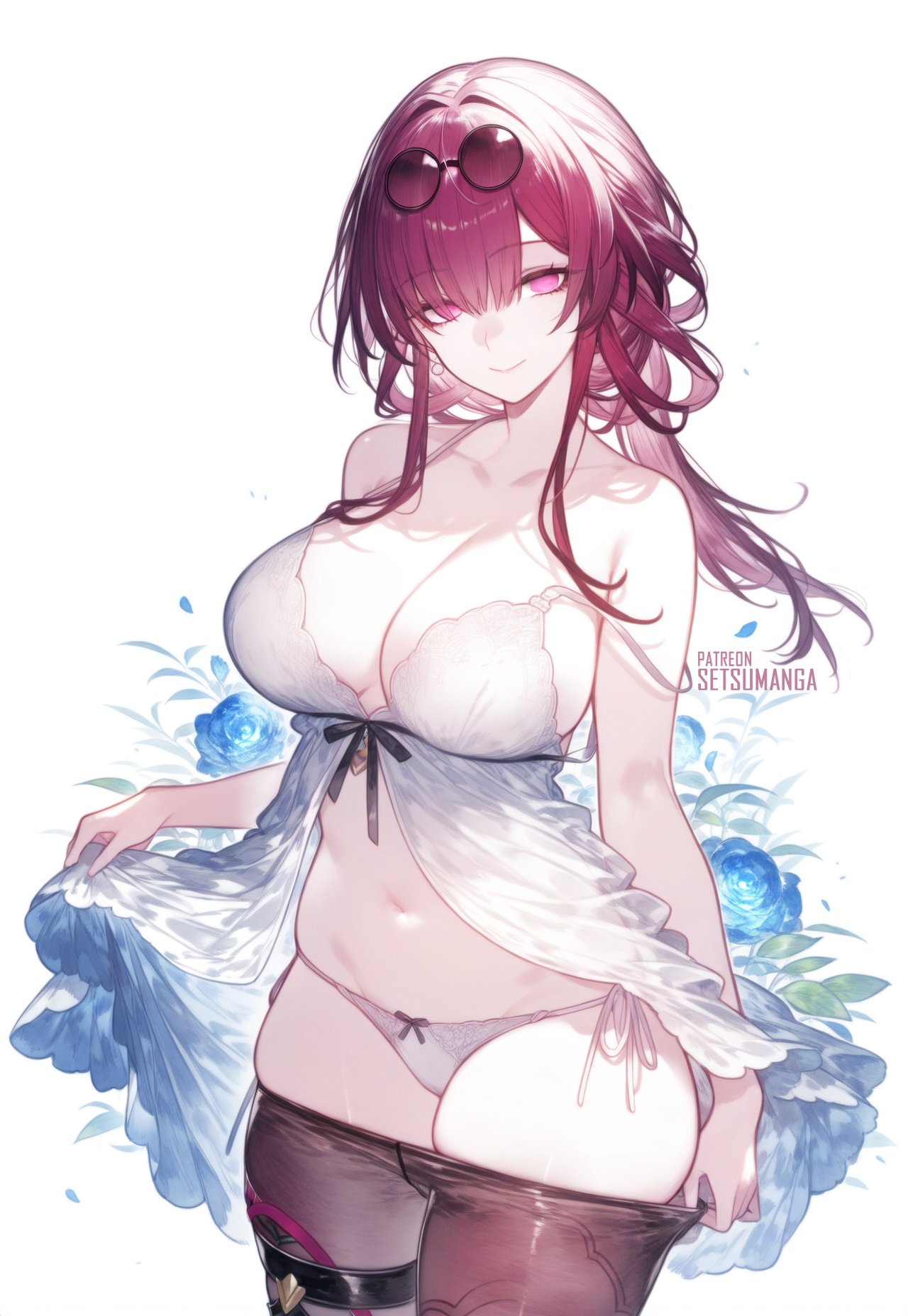 ai generated, bare shoulders, belly button, big breasts, bob cut, breasts, curvy, female, honkai (series), honkai: star rail, hoyoverse, kafka (honkai: star rail), lingerie, long hair, looking at viewer, pants down, pants removed, purple eyes, purple hair, setsuaiart, slim waist, smiling at viewer, thick thighs, tied hair, tummy, underwear, wide hips