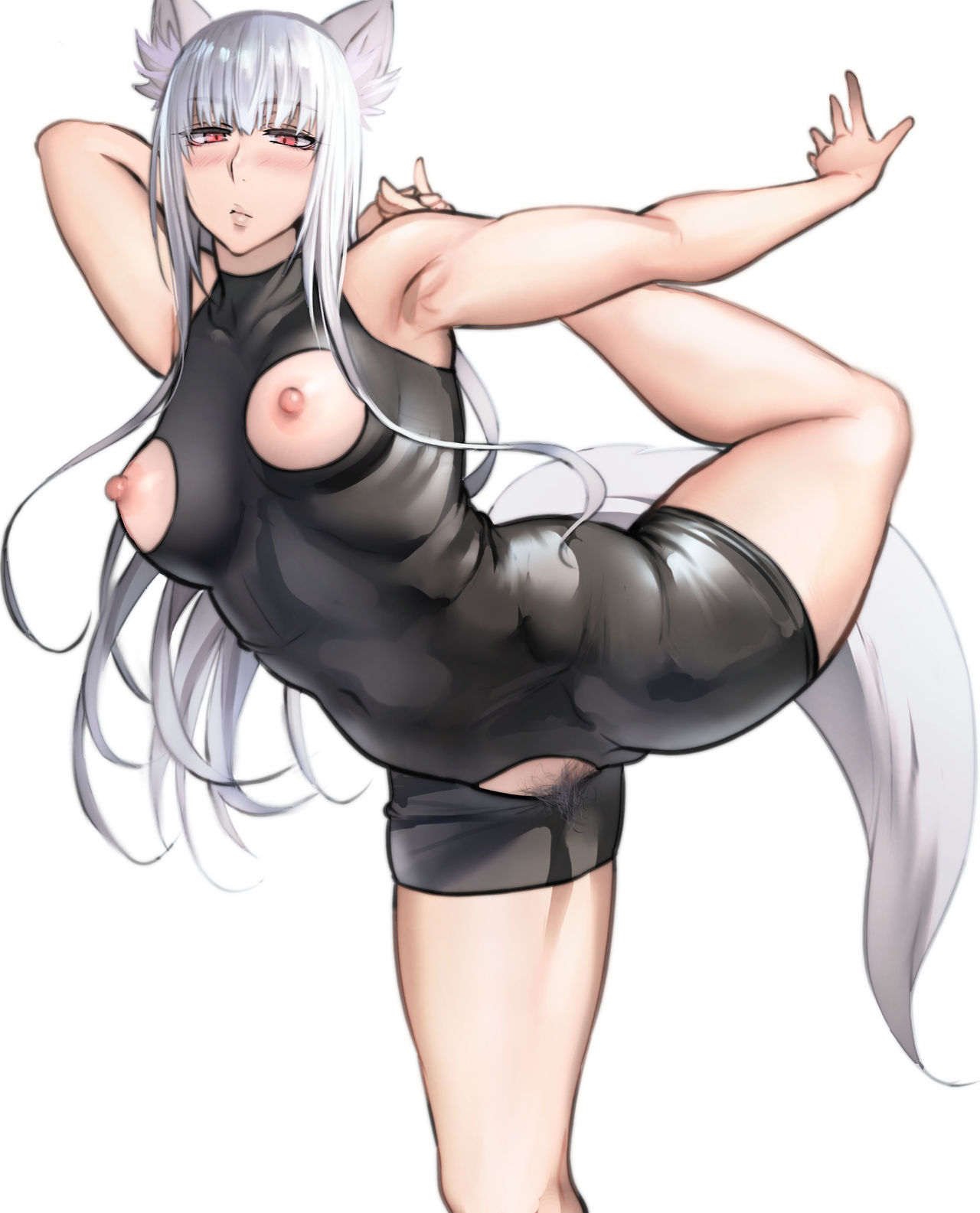 1girls 2021 animal_ear_fluff animal_ears armpits bare_arms bare_legs bare_shoulders barefoot black_bodysuit blush bodysuit breasts clothing covered_navel crotchless_clothes eyebrows_visible_through_hair feet female female_only flexible fox_ears fox_girl fox_tail hand_on_foot highres leg_hold leg_lift leg_up long_hair looking_at_viewer nippleless_clothes nipples original pepe_(jonasan) pubic_hair red_eyes silver_fox_(pepe_(jonasan)) silver_hair simple_background skin_tight small_breasts solo standing standing_on_one_leg tail thighs tight_clothing toes white_background