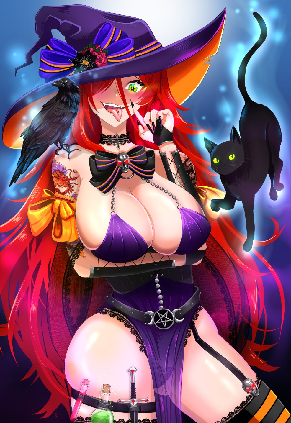 1girls 2022 big_breasts bird black_nails blush breasts crow elly_(vtuber) green_eyes halloween huge_breasts indie_virtual_youtuber long_hair pentagram red_hair revealing_clothes revealing_outfit smile teeth thick_thighs thighs tongue tongue_out virtual_youtuber vtuber witch witch_costume witch_hat