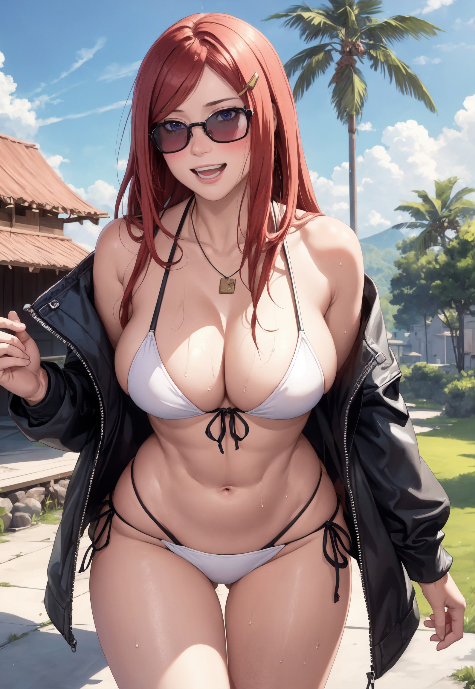1girls, abs, ai generated, alex-schura, big breasts, bikini, bikini bottom, bikini top, blue eyes, blush, bodily fluids, breasts, cleavage, curvaceous, curvy, curvy female, curvy figure, eyewear, facing viewer, female, front view, front-tie bikini, front-tie bikini top, hair ornament, hairclip, huge breasts, jacket, jacket partially removed, large breasts, leather, leather jacket, long hair, mature, mature female, midriff, milf, nai diffusion, naruto, naruto (series), naruto shippuden, necklace, open clothes, pinup, red hair, sagging breasts, side-tie bikini, side-tie bikini bottom, skimpy, skimpy bikini, smile, stable diffusion, standing, sunglasses, sweat, sweatdrop, swimsuit, uzumaki kushina, very long hair, walking, walking towards viewer, wide hips