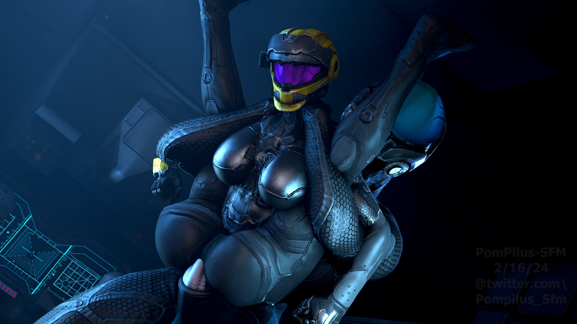 1girls, 1monster, 3d, big breasts, breasts, female, female spartan (halo), full nelson anal, halo (game), halo (series), helmet, human, human female, larger male, legs apart, legs up, male, penis, pompilus sfm twitter (artist), questionable consent, sangheili, smaller female, spartan (halo)