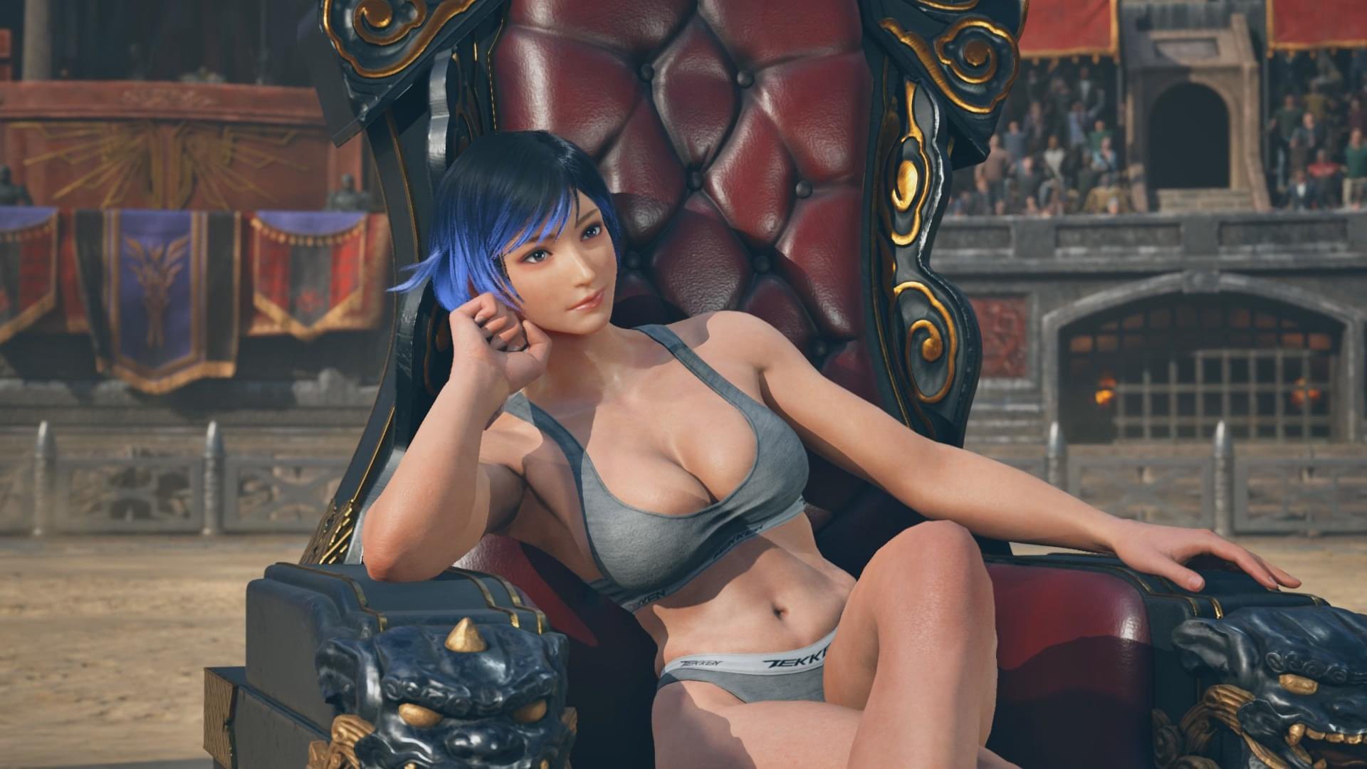 1girls, 3d, athletic, athletic female, bare legs, big breasts, black and purple hair, black hair, breasts, calvin klein, clothing, crossed legs, female, female abs, female only, fit, fit female, human, mod, namco, nonsexual, pale skin, panties, purple hair, reina mishima, short hair, sitting, sitting on chair, sitting on throne, slim waist, smiling, solo, sports bra, sportswear, tekken, tekken 8, two-tone hair, underwear, wide hips