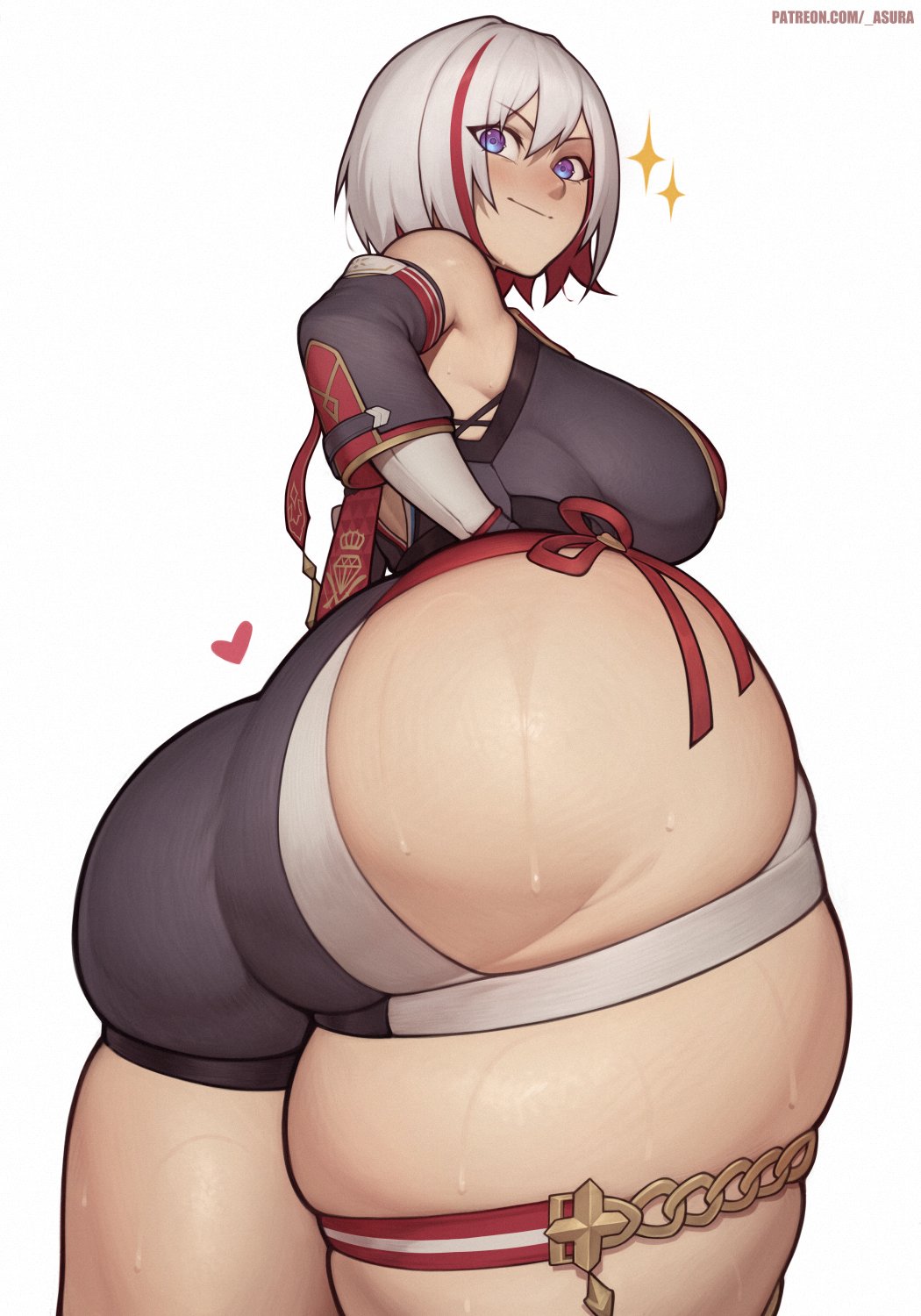 1girls, ass, asura (artist), blue eyes, breasts, cute, female, happy, happy female, honkai (series), honkai: star rail, huge ass, light skin, light-skinned female, short hair, thick thighs, topaz (honkai: star rail), white background, white hair