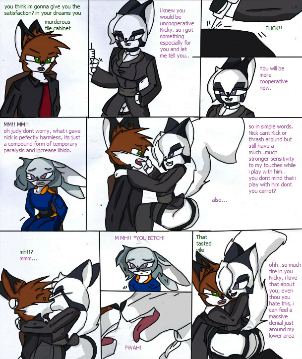 angry anthro ass big_butt bound canid canine closed_eyes clothed_female clothed_male colored comic cuckquean dialogue dipstick_ears dirty_talk disney duct_tape female forced forced_to_watch fox front_view genitals group hand_on_shoulder judy_hopps kissing lagomorph leporid looking_at_another male male/female mammal multicolored_ears nick_wilde on_lap pace-maker pussy rabbit rape rear_view red_fox scarlett_(yitexity) seductive shocked shocked_expression sitting sitting_on_another sitting_on_lap submissive submissive_male syringe tape tongue tongue_out traditional_media_(artwork) trio zootopia