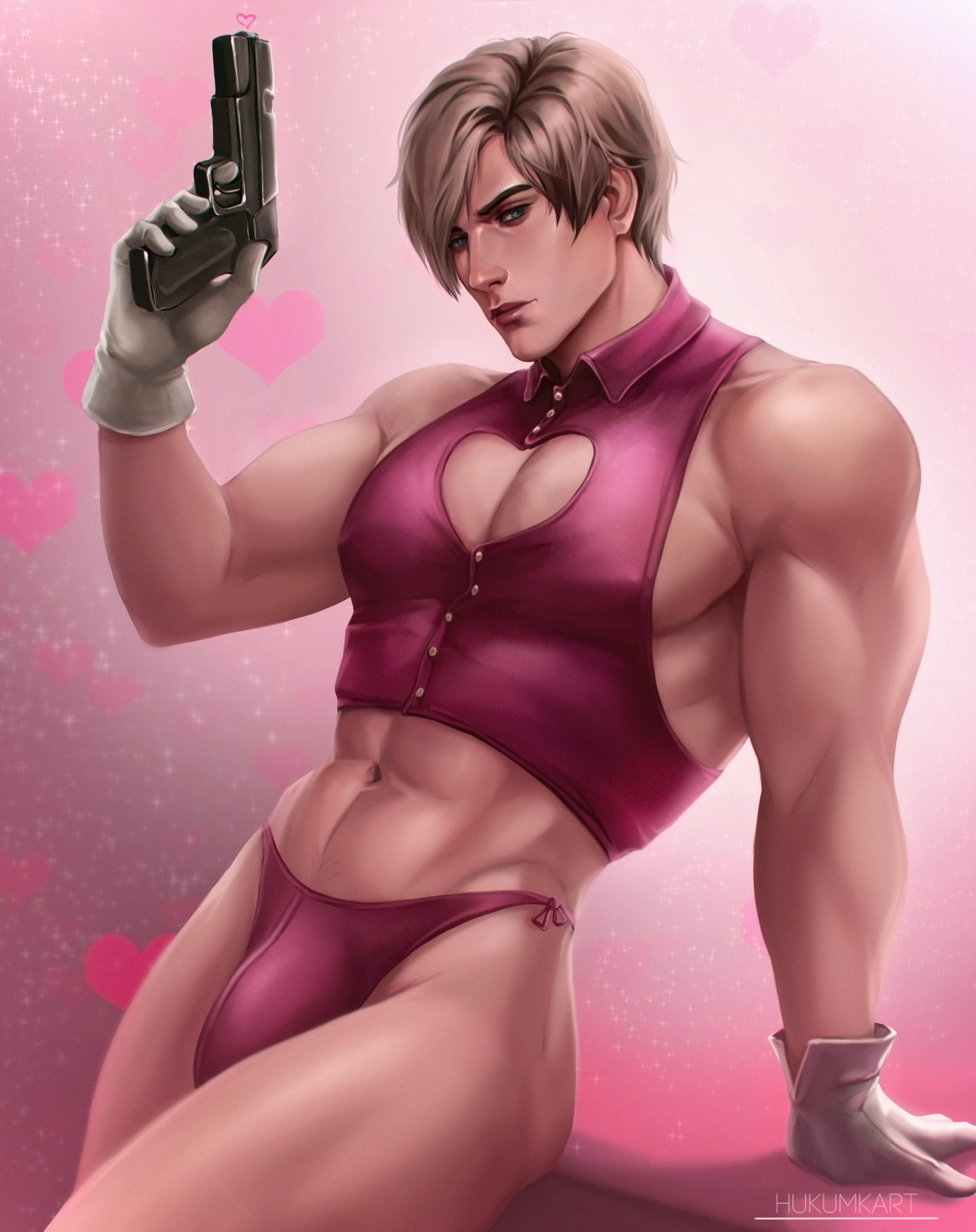 1boy, abs, absurd res, fit, fit male, gloves, heart, high resolution, himbo, hukumka, hukumkart, leon scott kennedy, male, male focus, male only, muscular, muscular male, open jacket, resident evil, resident evil 2, resident evil 4, resident evil 4 remake, revealing clothes, solo male