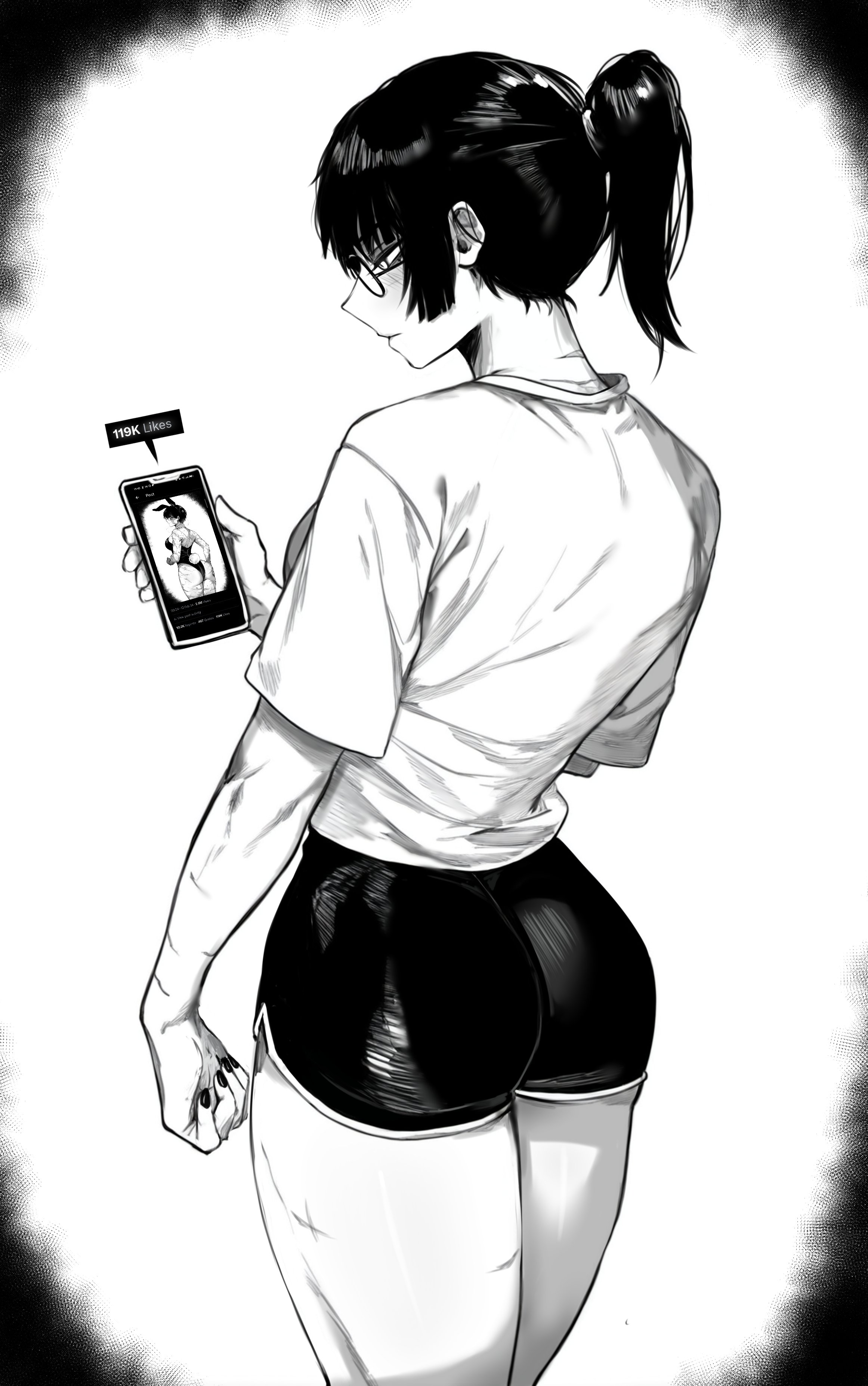 1girls, asian, asian female, ass, big ass, big butt, clothed, female, female only, glasses, jujutsu kaisen, legs, masoq095, monochrome, mostly clothed, phone, ponytail, round glasses, scar, scarred, scars, shounen jump, smartphone, thick, thick thighs, thighs, tied hair, zenin maki