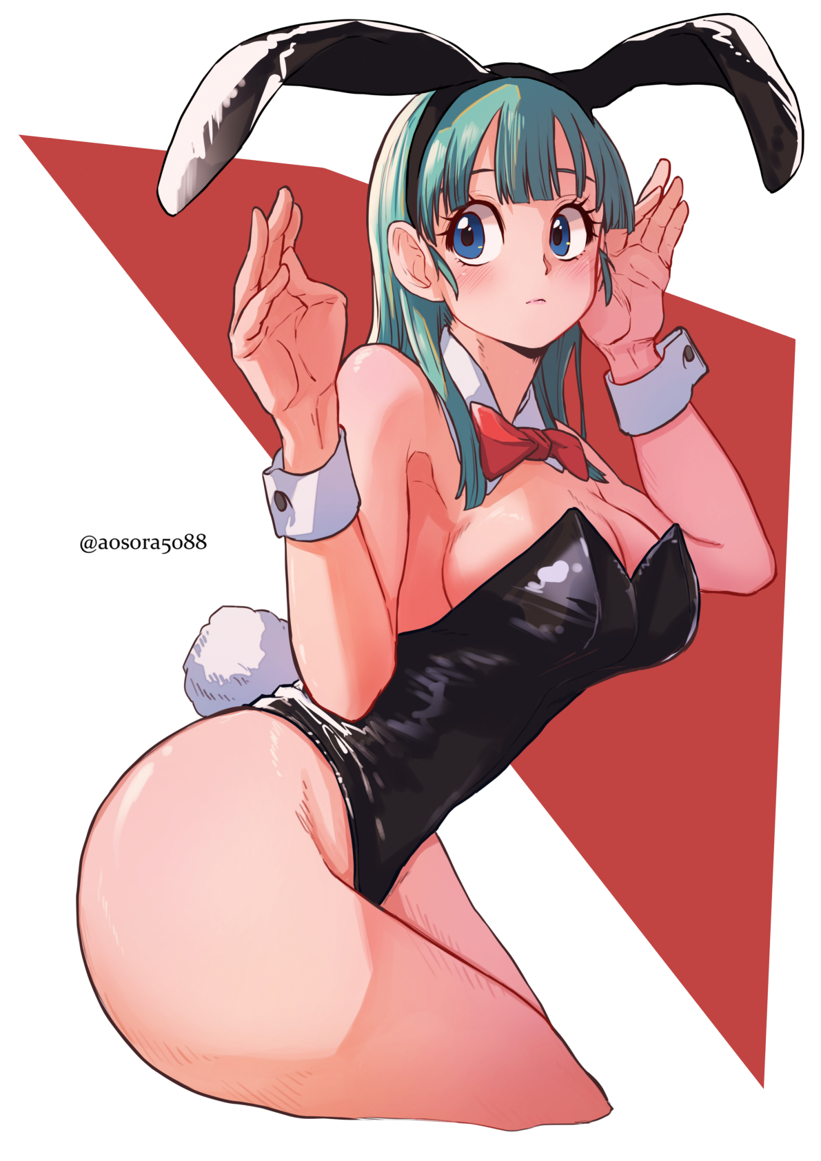 1girls, about to burst, ass, barely contained, barely contained breasts, barely fits, big ass, big breasts, blue eyes, breasts, breasts too big, bulma, bulma (bunny), bulma briefs, bunny ears, bunnysuit, cleavage, dragon ball, dragon ball (classic), female, imminent wardrobe malfunction, simple background, solo, solo female, tagme, teal hair, teenage bulma, teenage female, teenager, tight fit, too tight, undersized clothes, undersized clothing